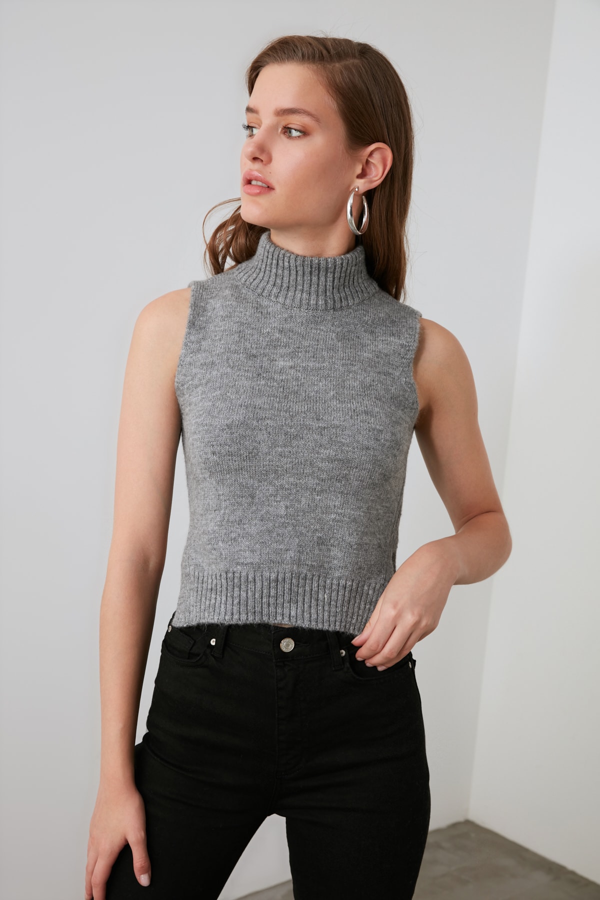 Trendyol Gray Stand Up Collar Knitwear Blouse