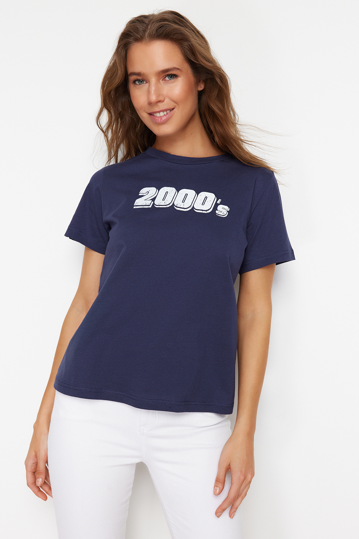 Levně Trendyol Navy Blue 100% Cotton Printed Regular/Regular Fit Crew Neck Knitted T-Shirt