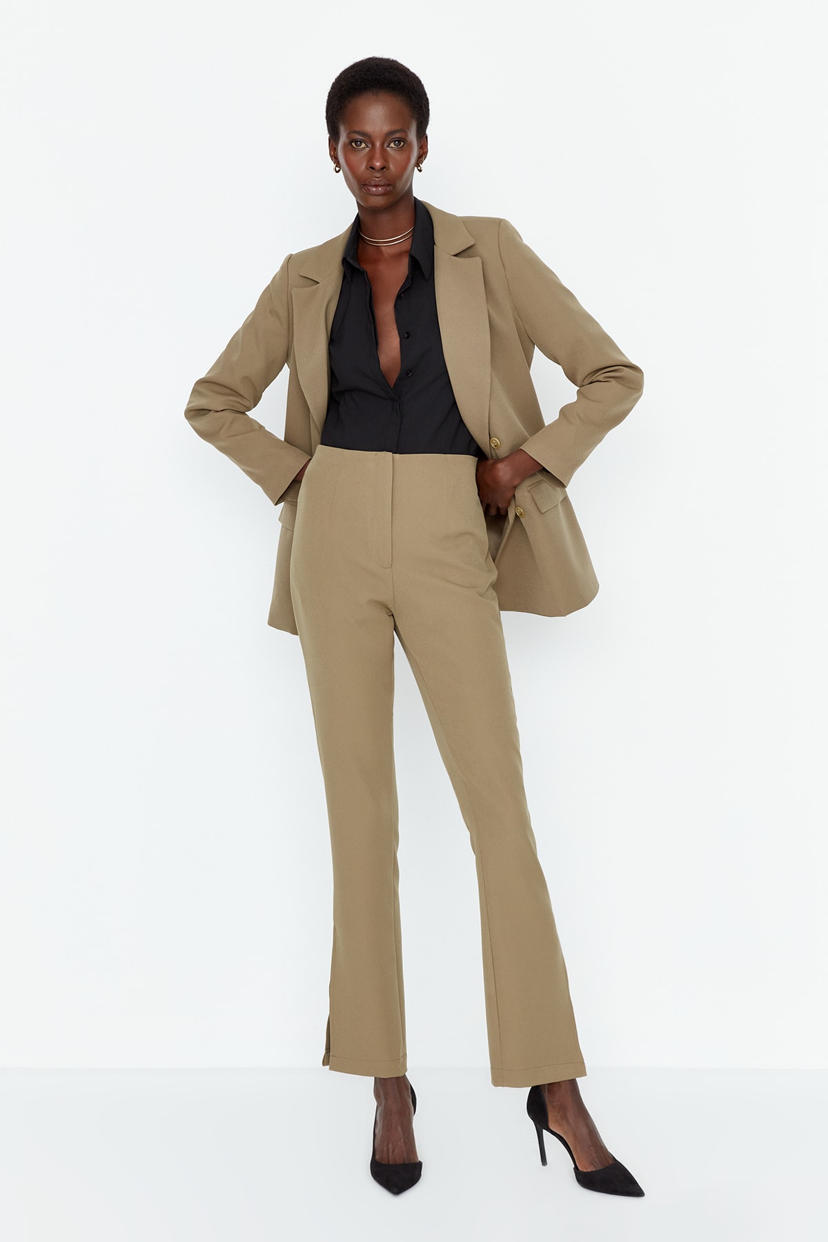 Trendyol Khaki Cigarette Woven High Waist Trousers