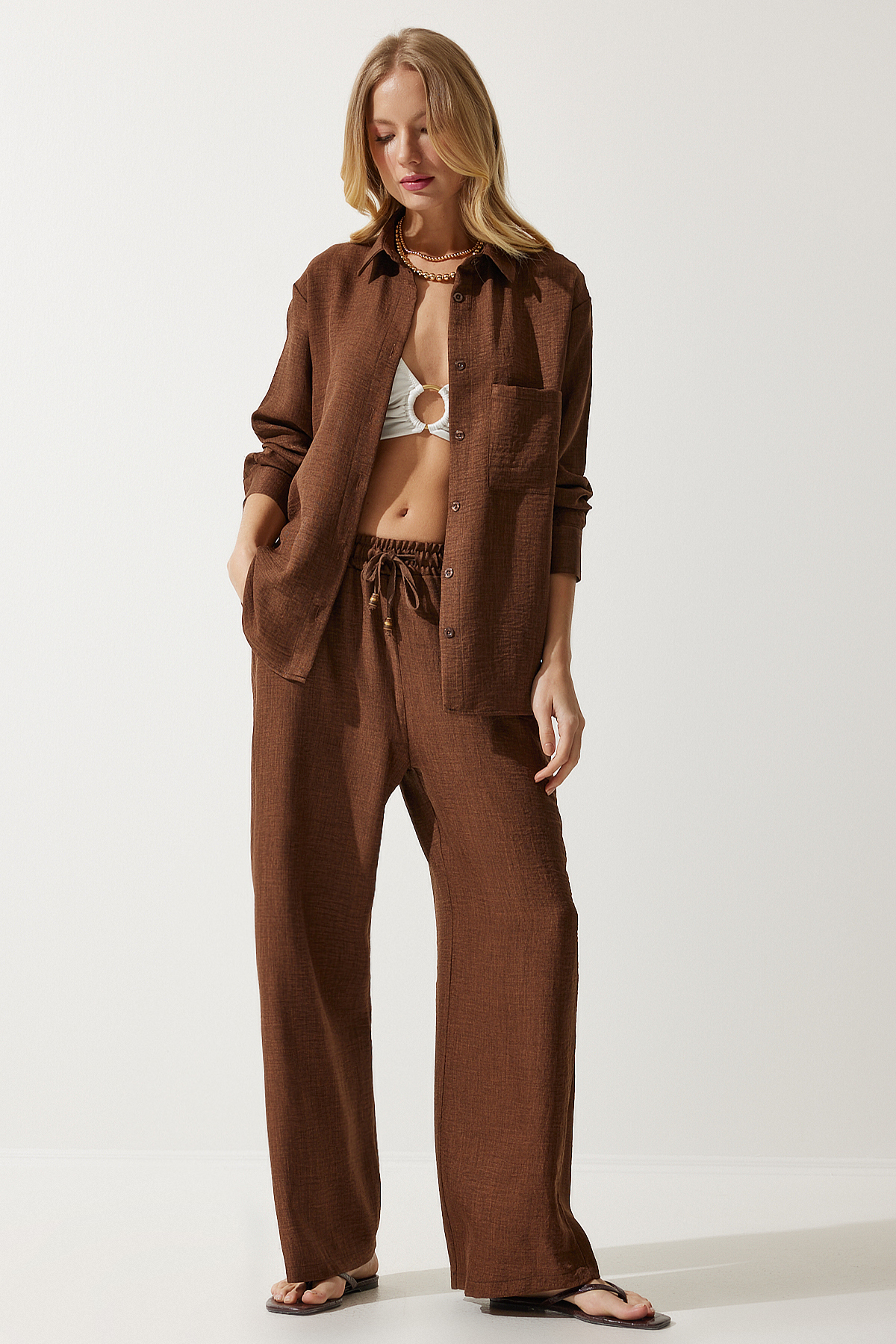 Happiness İstanbul Women's Brown Oversize Shirt Wide Trousers Suit