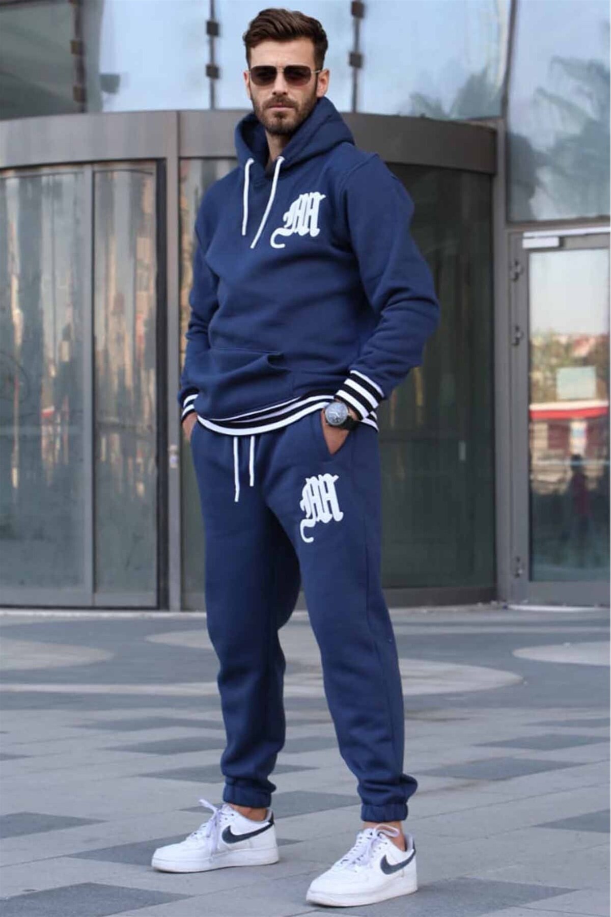 Levně Madmext Navy Blue Printed Hoodie and Tracksuit Set 5909