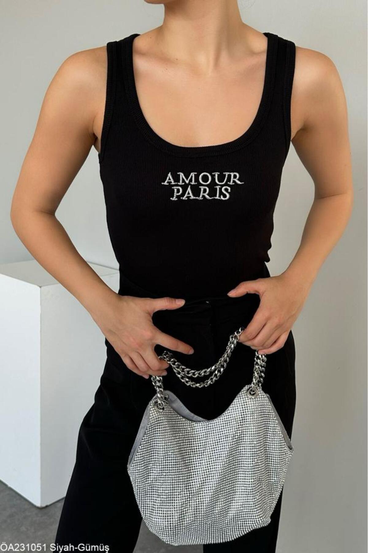Laluvia Black-Silver Amour Paris Silvery Embroidered Undershirt