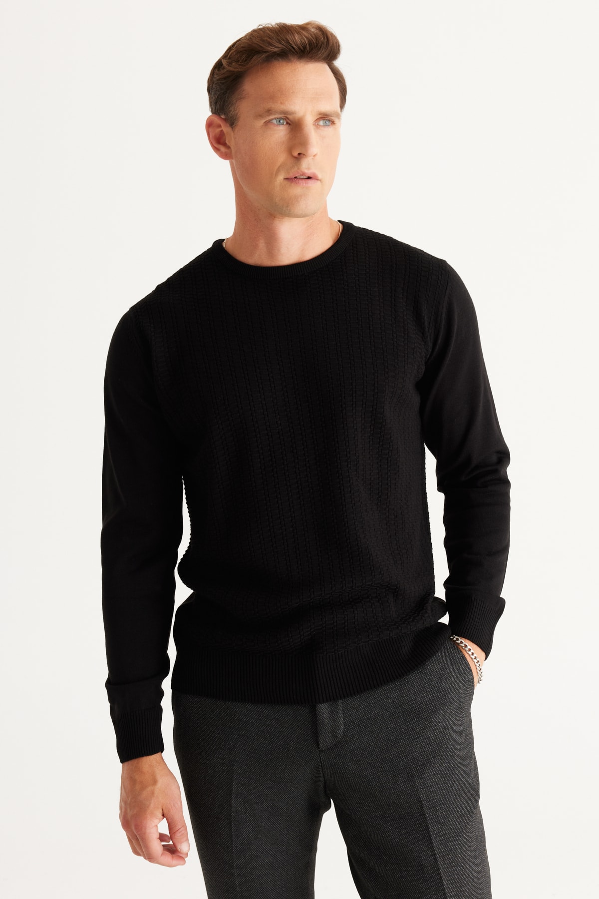 AC&Co / Altınyıldız Classics Men's Black Anti-pilling Anti-Pilling Standard Fit Jacquard-Front Knitwear Sweater.