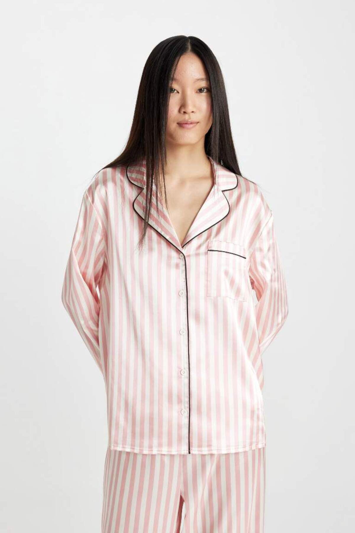 DEFACTO Fall In Love Striped Long Sleeve Satin Pajama Set