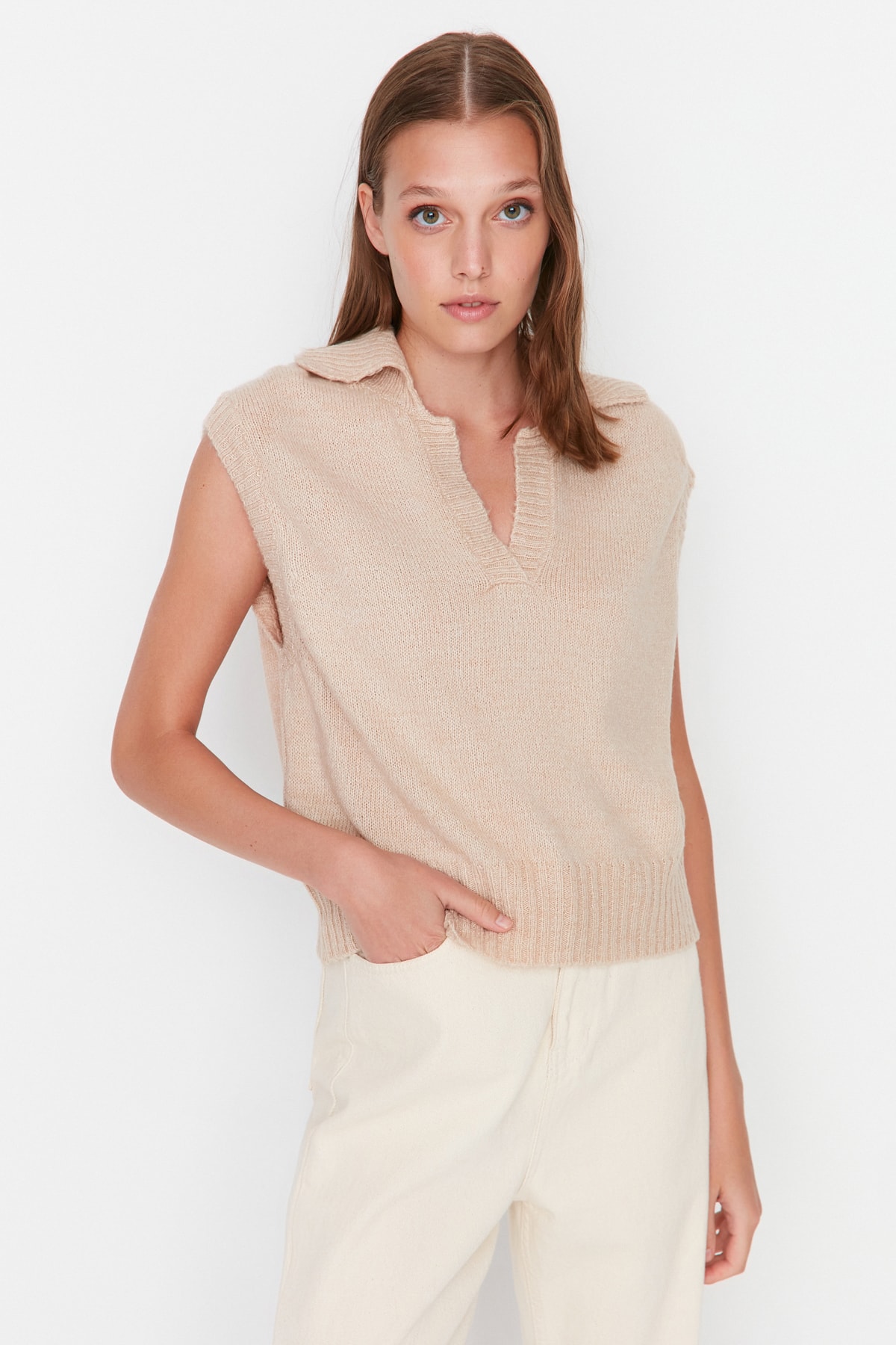 Trendyol Beige Crop Polo Neck Knitwear Sweater