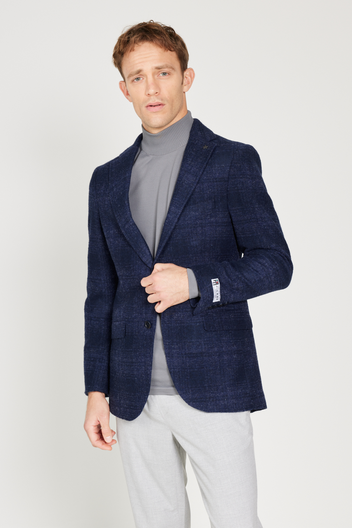 Levně ALTINYILDIZ CLASSICS Men's Navy Blue Slim Fit Slim Fit Mono Collar Woolen Blazer Jacket