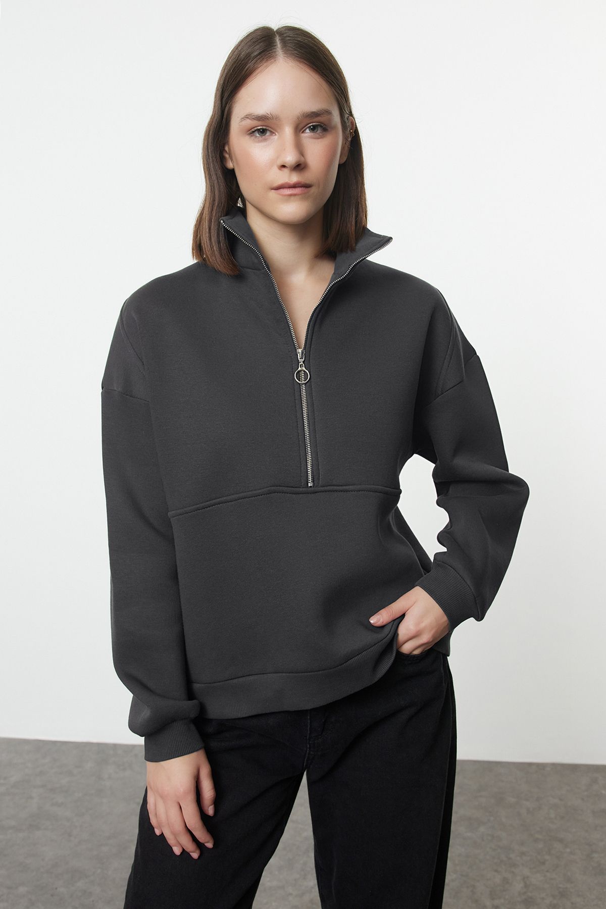 Trendyol Anthracite Oversize/Wide Fit Half Zipper Thick Inside Fleece Knitted Sweatshirt