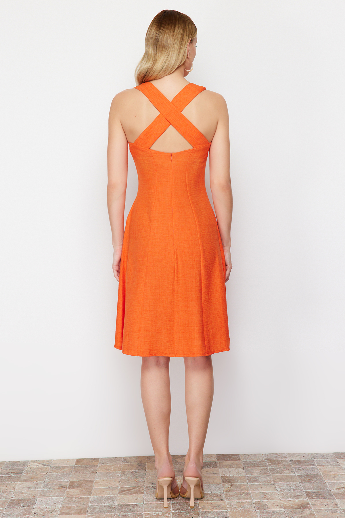 Trendyol Orange A-Cut Square Neck Mini Woven Dress