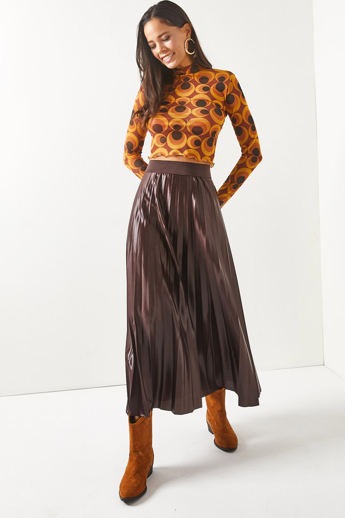 Olalook Women's A-Line Pleated Skirt With A Bitter Brown Leather Look