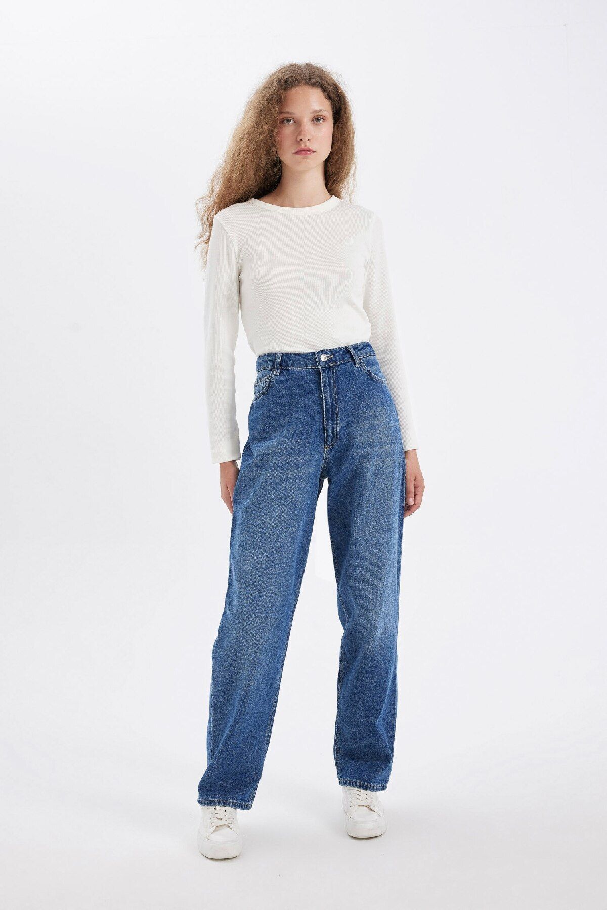 DEFACTO Balloon Fit Baggy High Waist Long Jean Washed Trousers