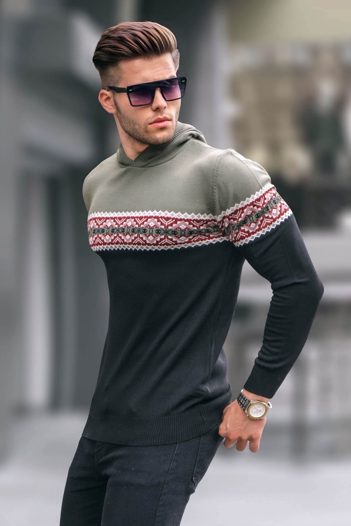 Levně Madmext Khaki Men's Hooded Sweater 5624