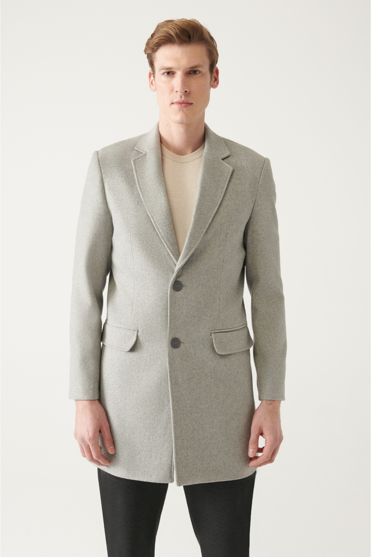 Levně Avva Men's Light Gray Slit Woolen Cachet Comfort Fit Comfort Cut Coat