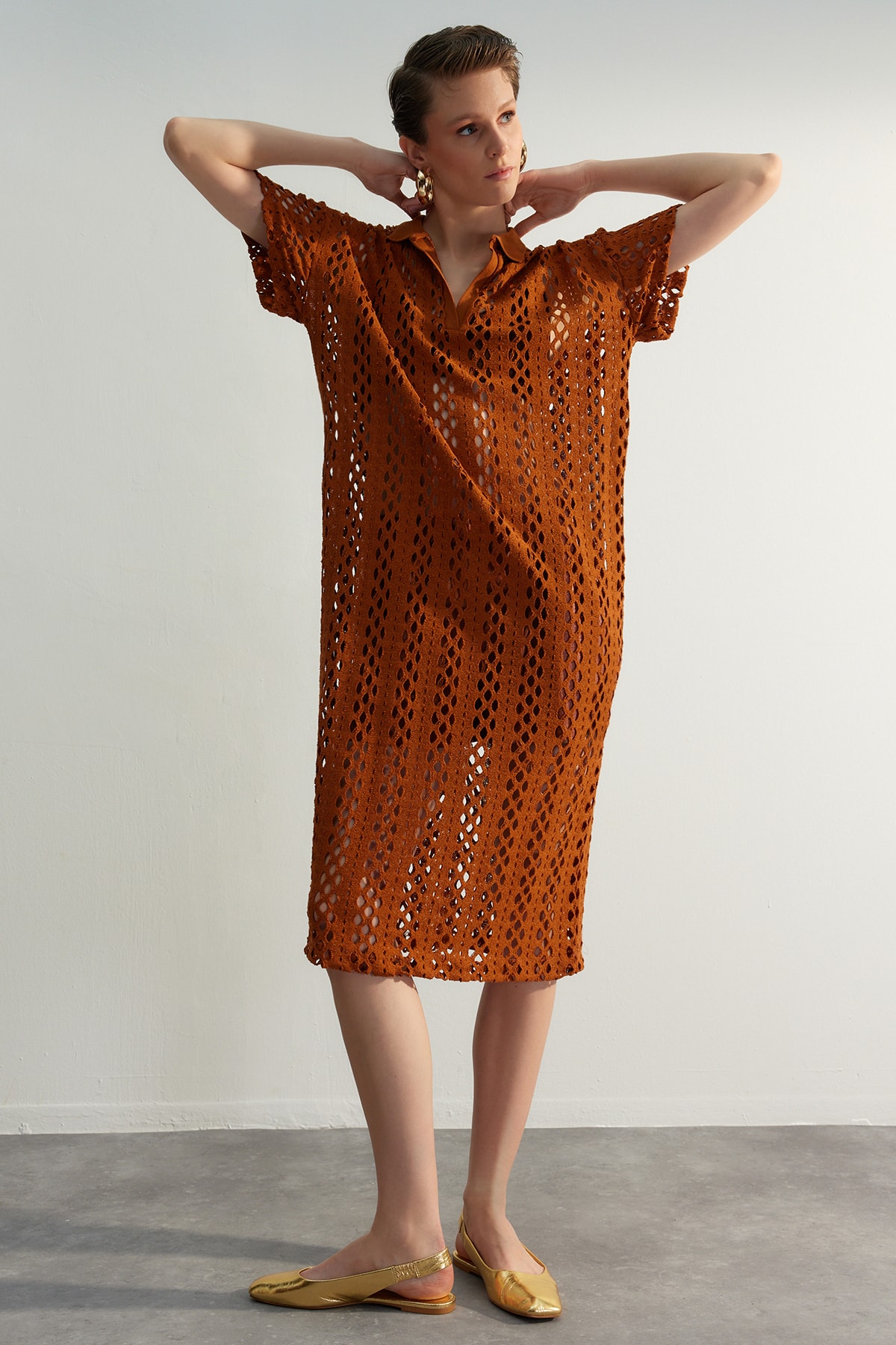 Trendyol Limited Edition Cinnamon Knitwear Dress with Openwork/Holes