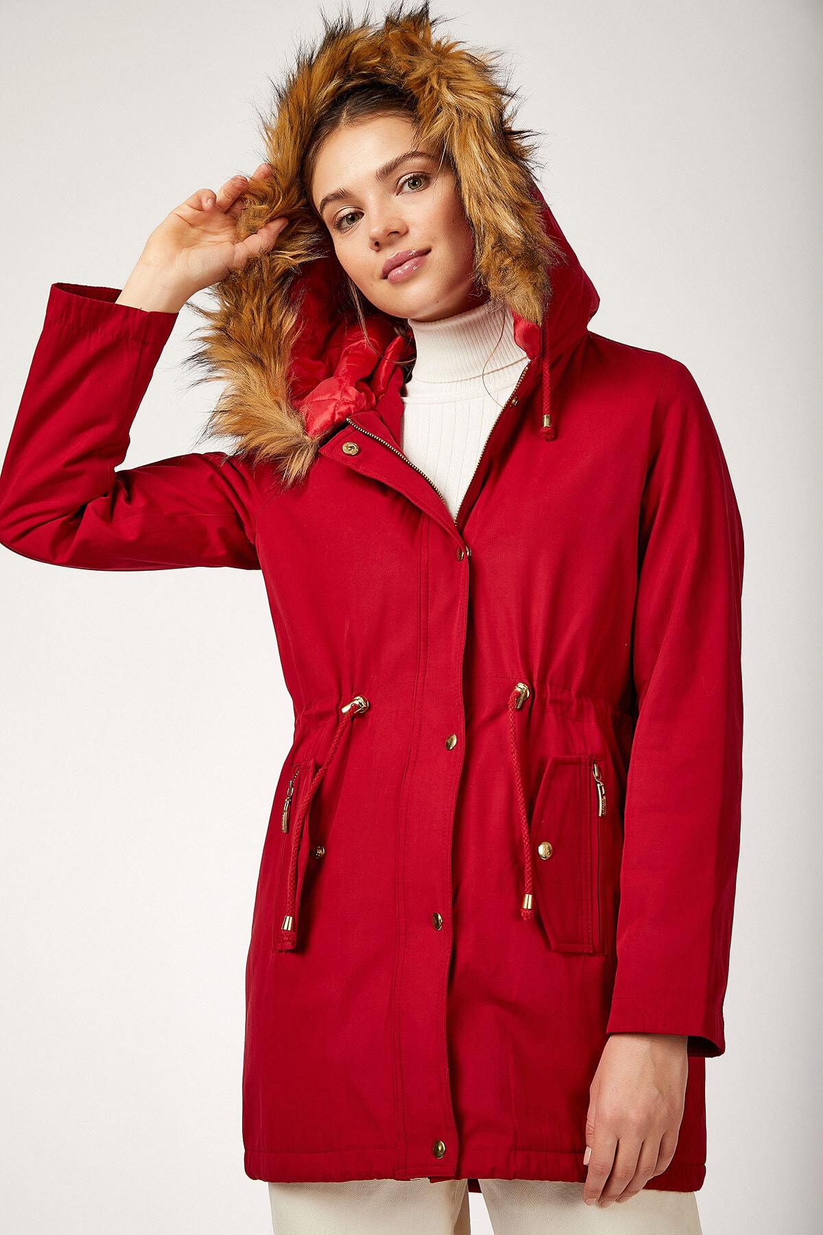 Bigdart 9064 Hooded Fur Coat - Red