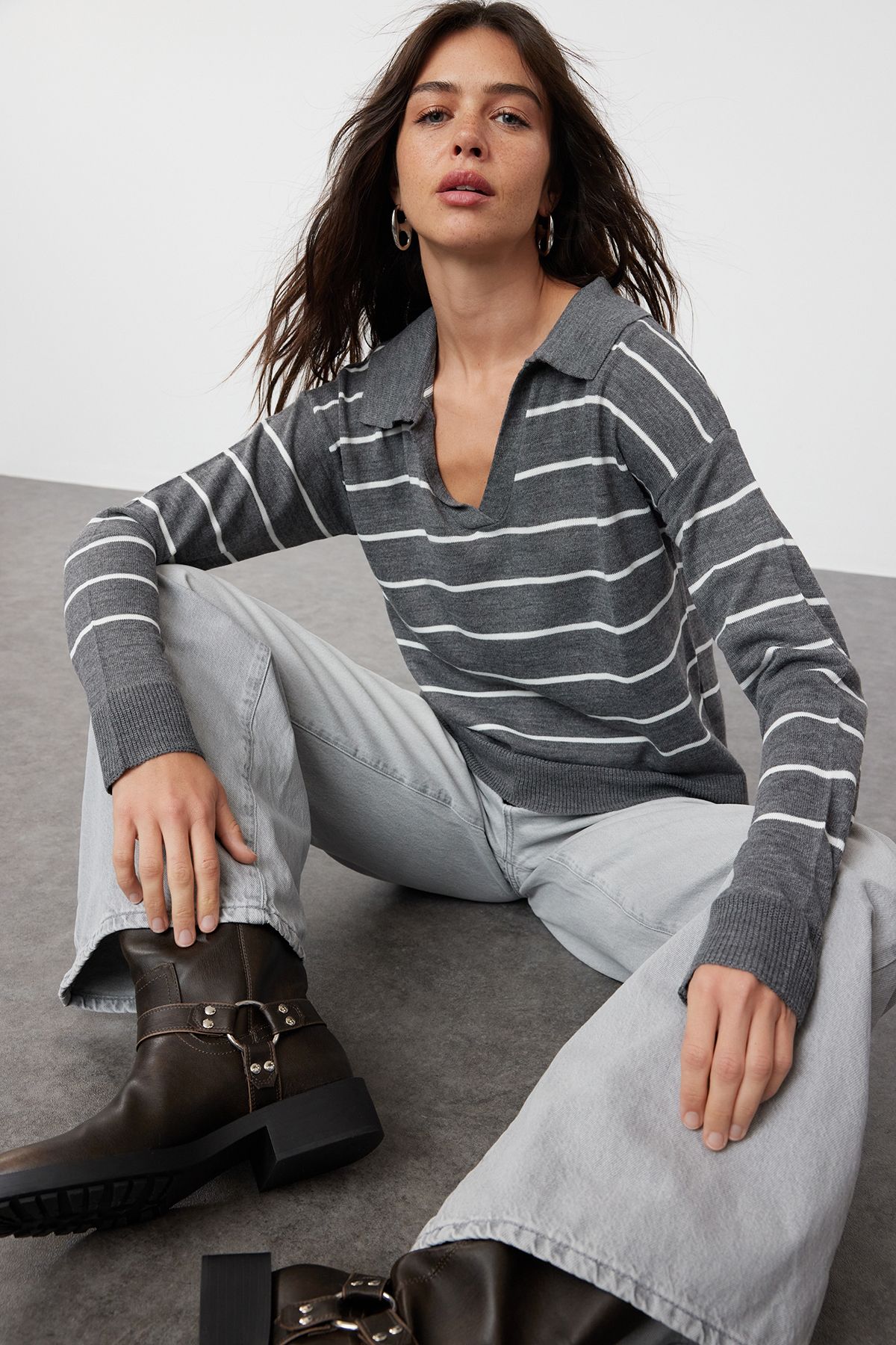 Trendyol Anthracite Striped Knitwear Sweater