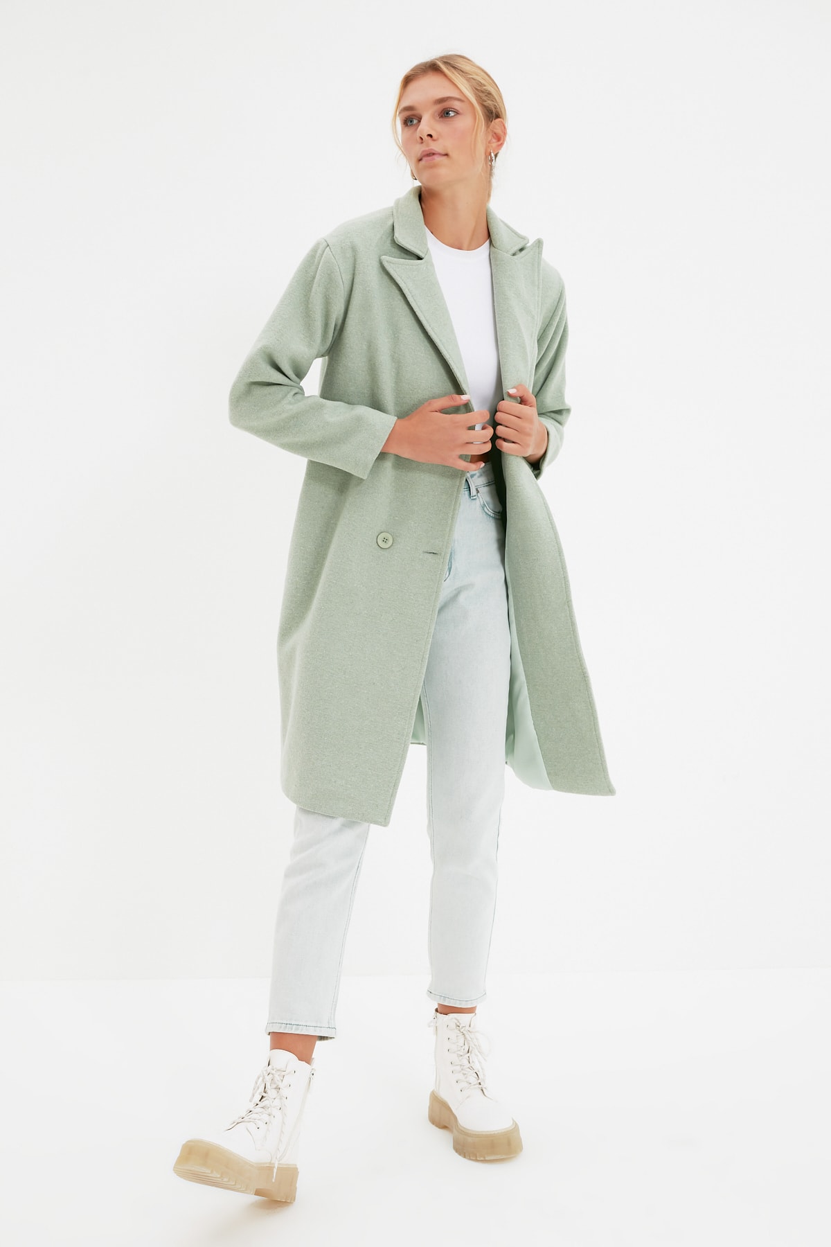 Trendyol Mint Wide-Cut Oversized Button Detailed Long Stamped Coat