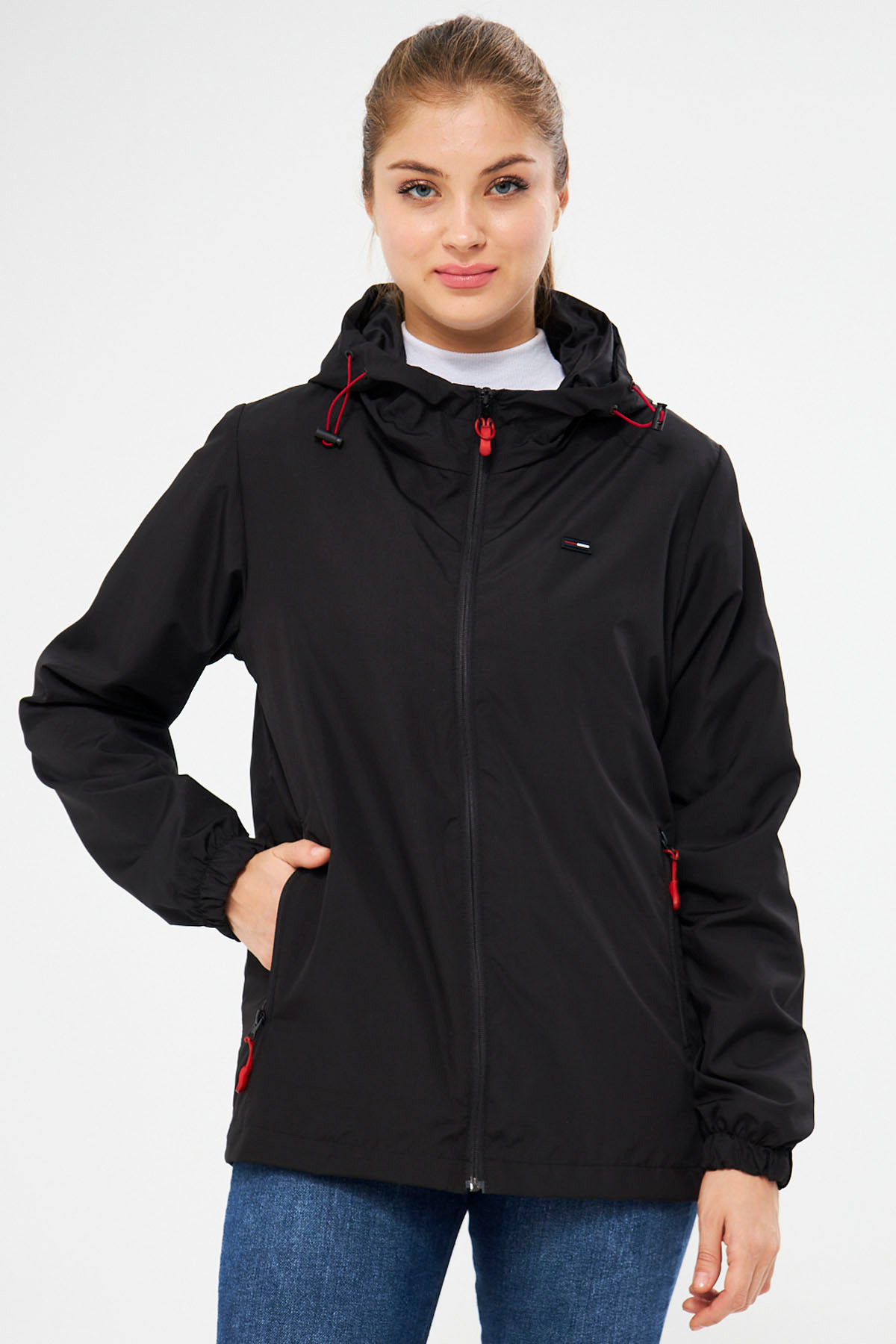 River Club Women's Black Inner Lined Waterproof And Windproof Hooded Raincoat With Pocket.