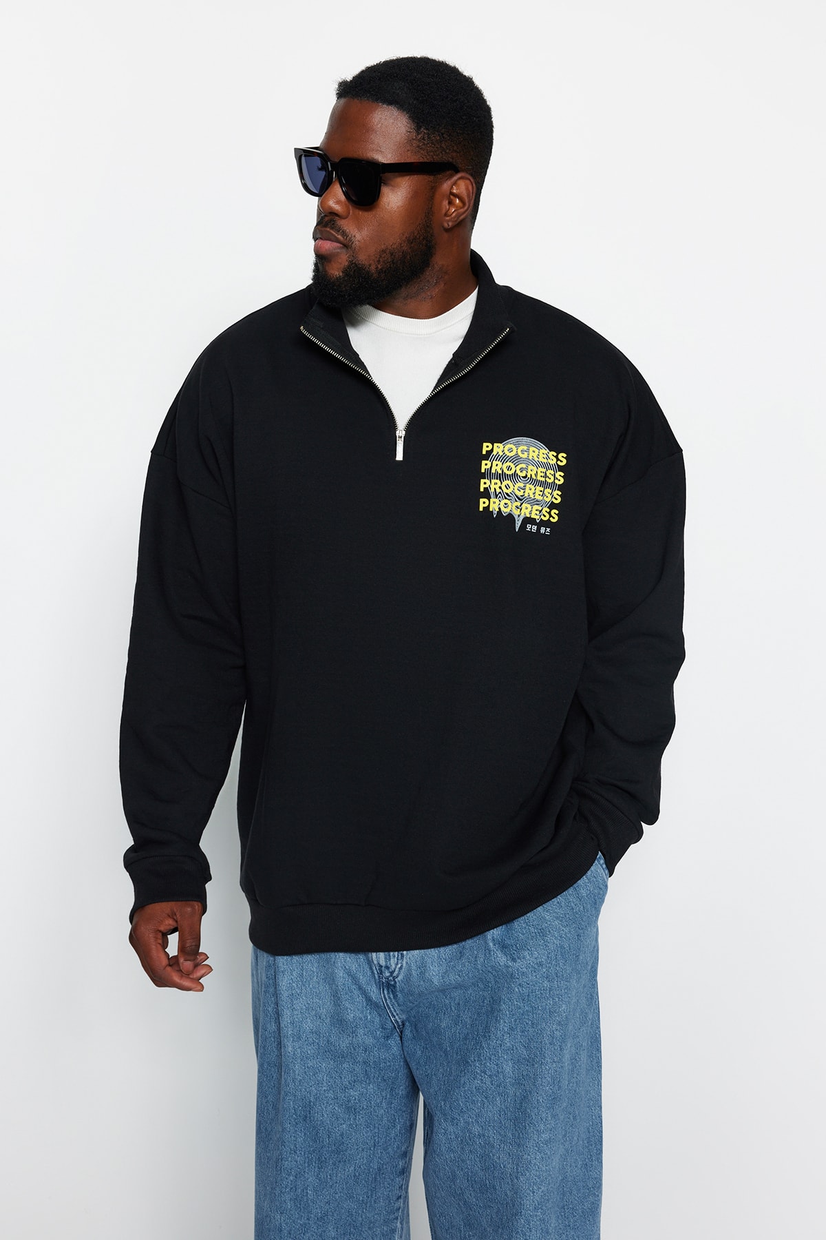 Trendyol Men's Black Plus Size Oversize/Wide-Fit High Neck Comfort Printed Fleece Sweatshirt