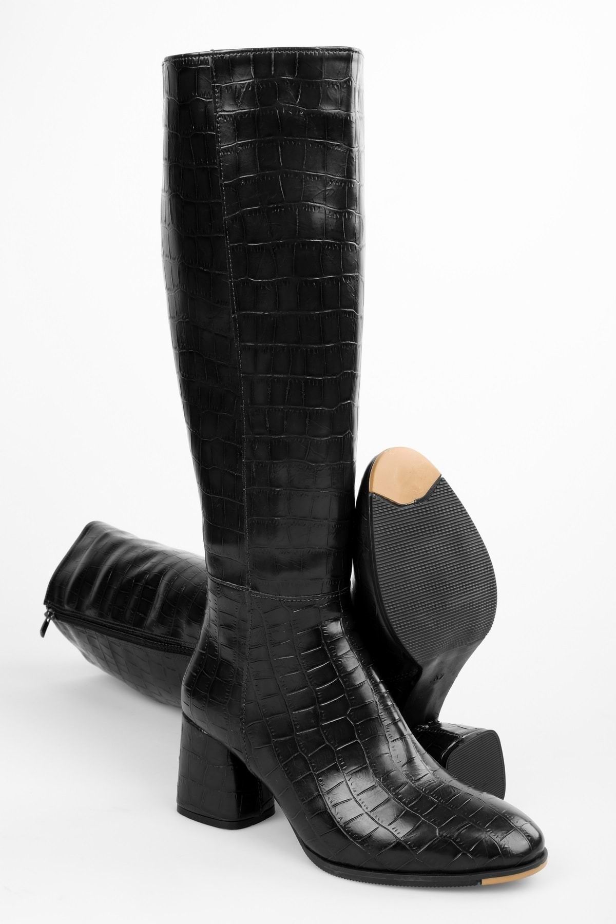 Shoeberry Women's Kiella Black Crocodile Heeled Boots