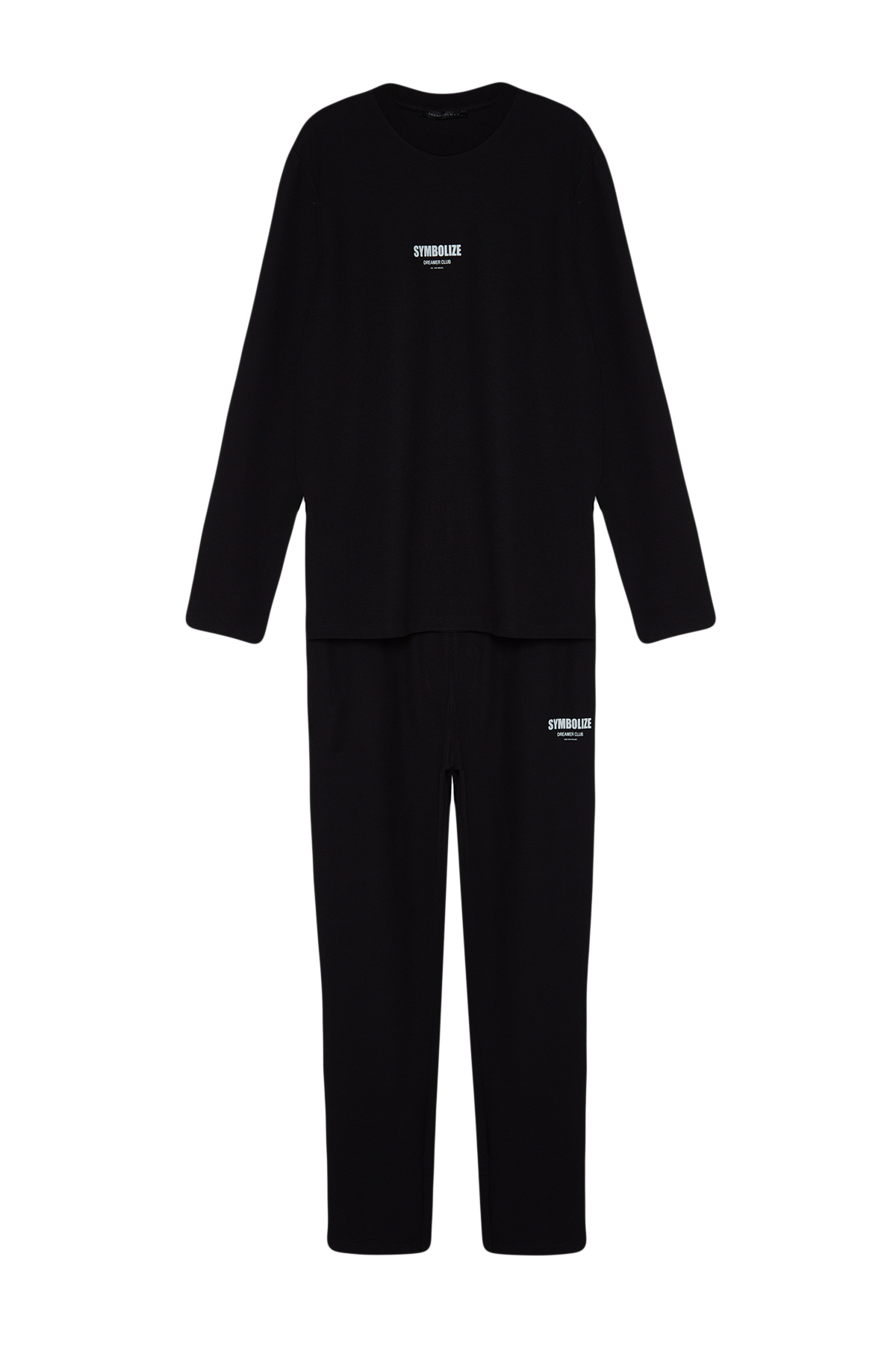 Levně Trendyol Black Regular Fit Printed Waffle Knitted Pajamas Set