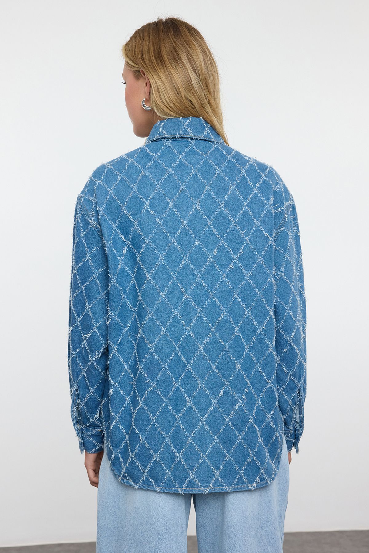 Trendyol Blue Textured Oversize Denim Shirt Jacket