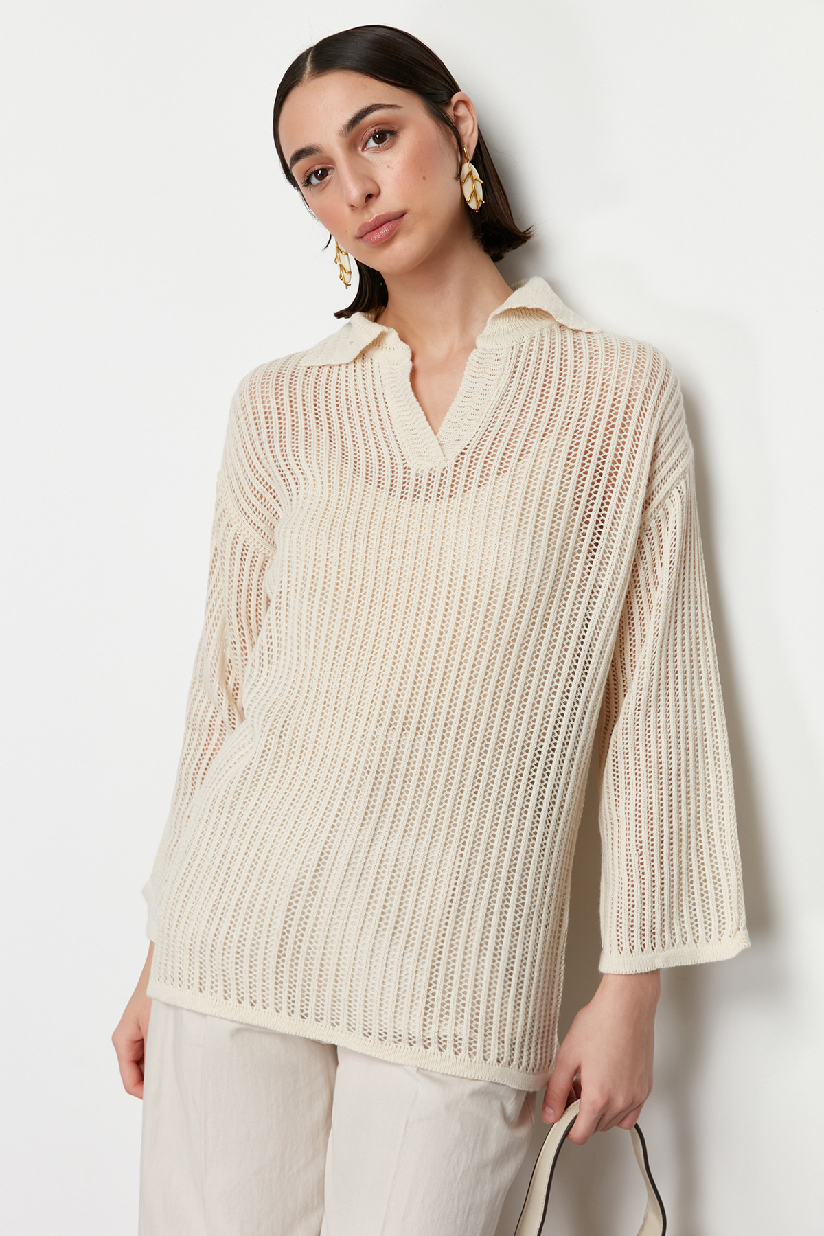 Trendyol Cream Polo Collar Openwork/Hole Knitwear Sweater