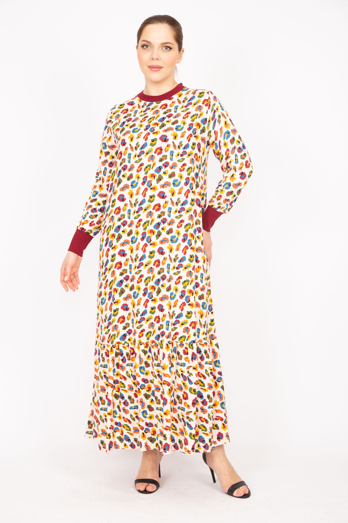 Şans Women's Colorful Plus Size Woven Viscose Fabric Long Dress With Ribbed Collar And Sleeves