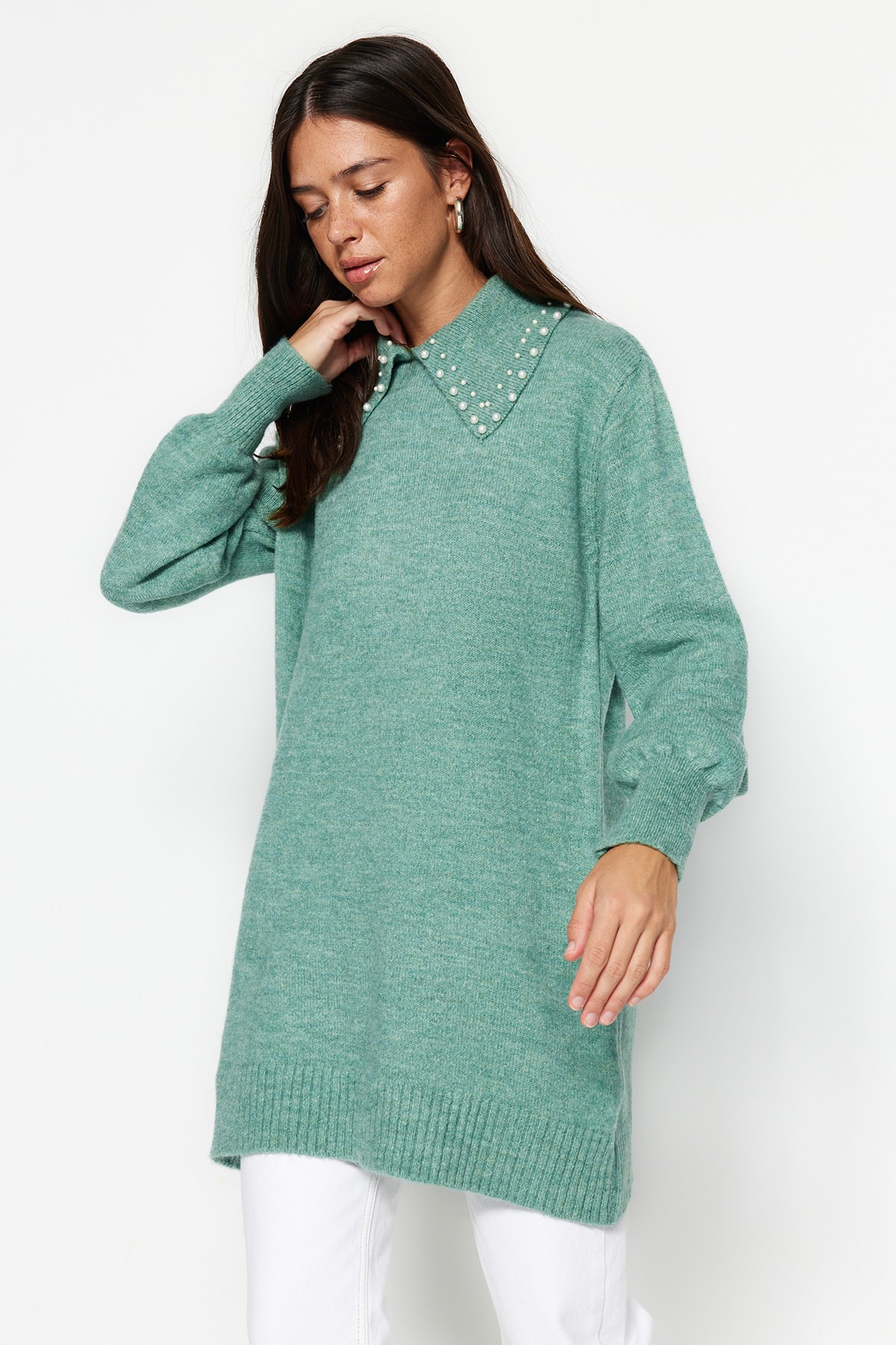 Trendyol Turquoise Baby Collar and Pearls Soft Knitwear Sweater