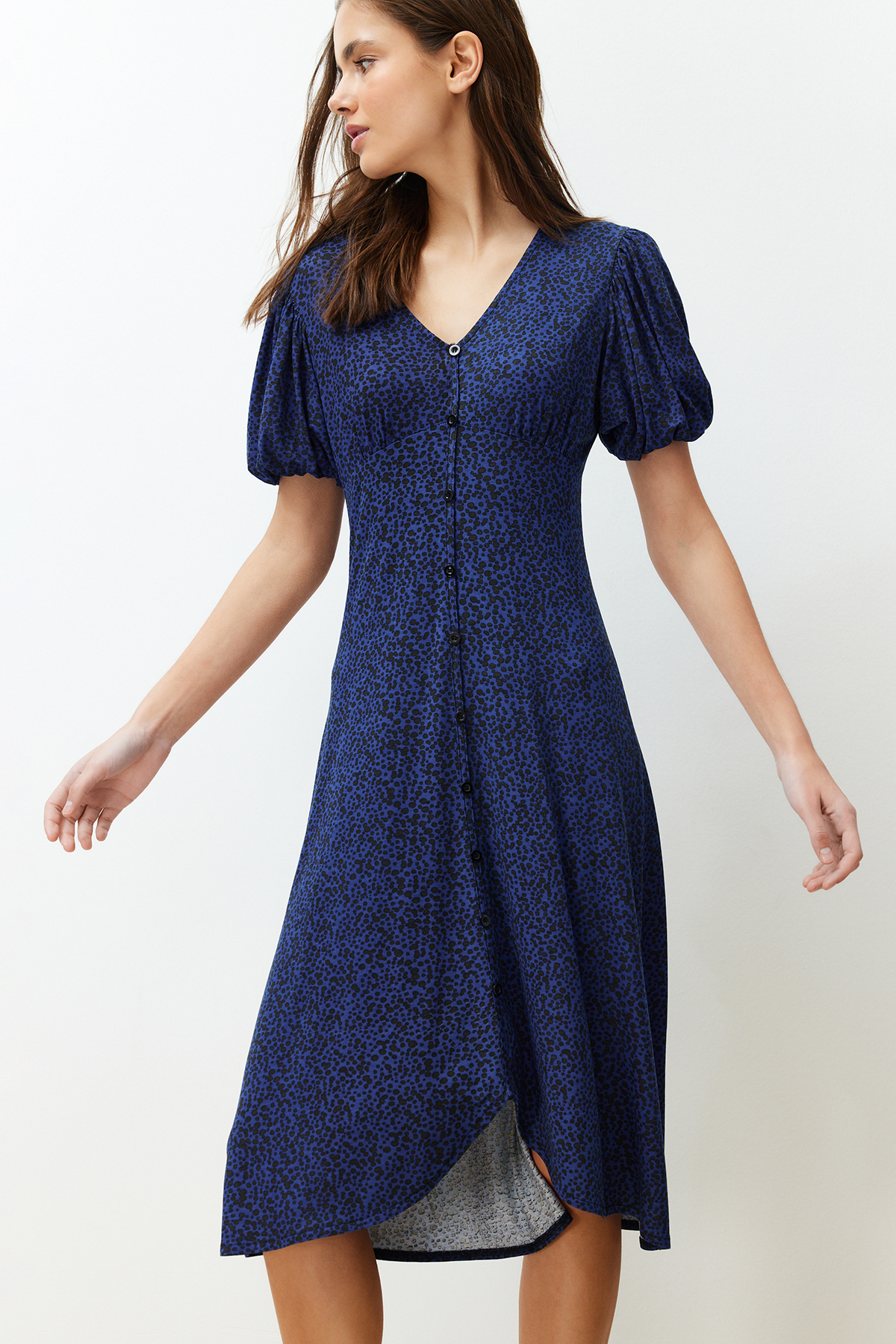 Trendyol Navy Blue Balloon Sleeve Printed Midi Flexible Knitted Midi Dress