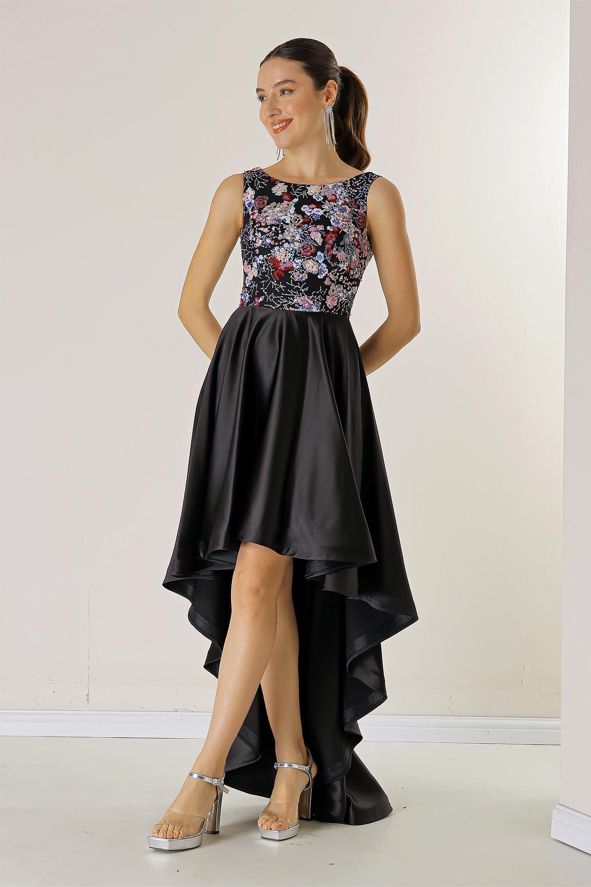 Levně By Saygı Embroidered Sequins Floral Top Short Front Long Back Long Lined Satin Long Dress