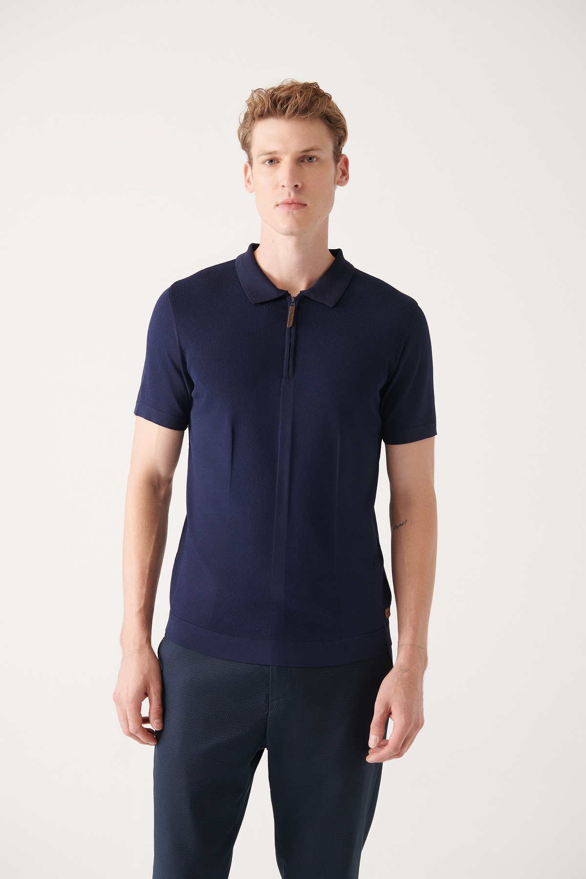 Avva Men's Navy Blue Polo Neck Zippered Rayon Standard Fit Regular Cut Knitwear T-shirt