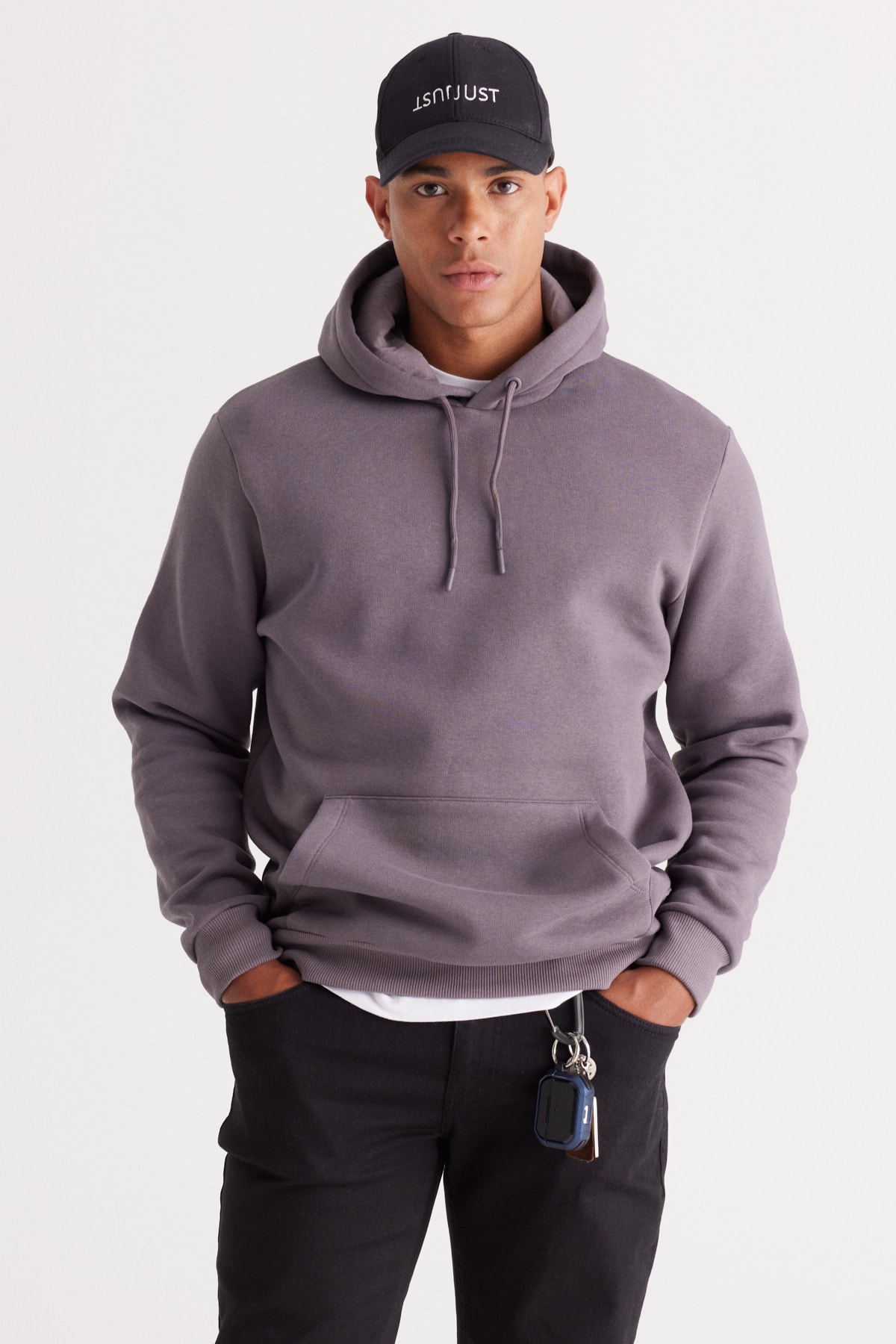 Levně AC&Co / Altınyıldız Classics Men's Dark Gray Standard Fit Fleece 3 Threaded Hooded Hooded Kangaroo Pocket Cotton Sweatshirt.