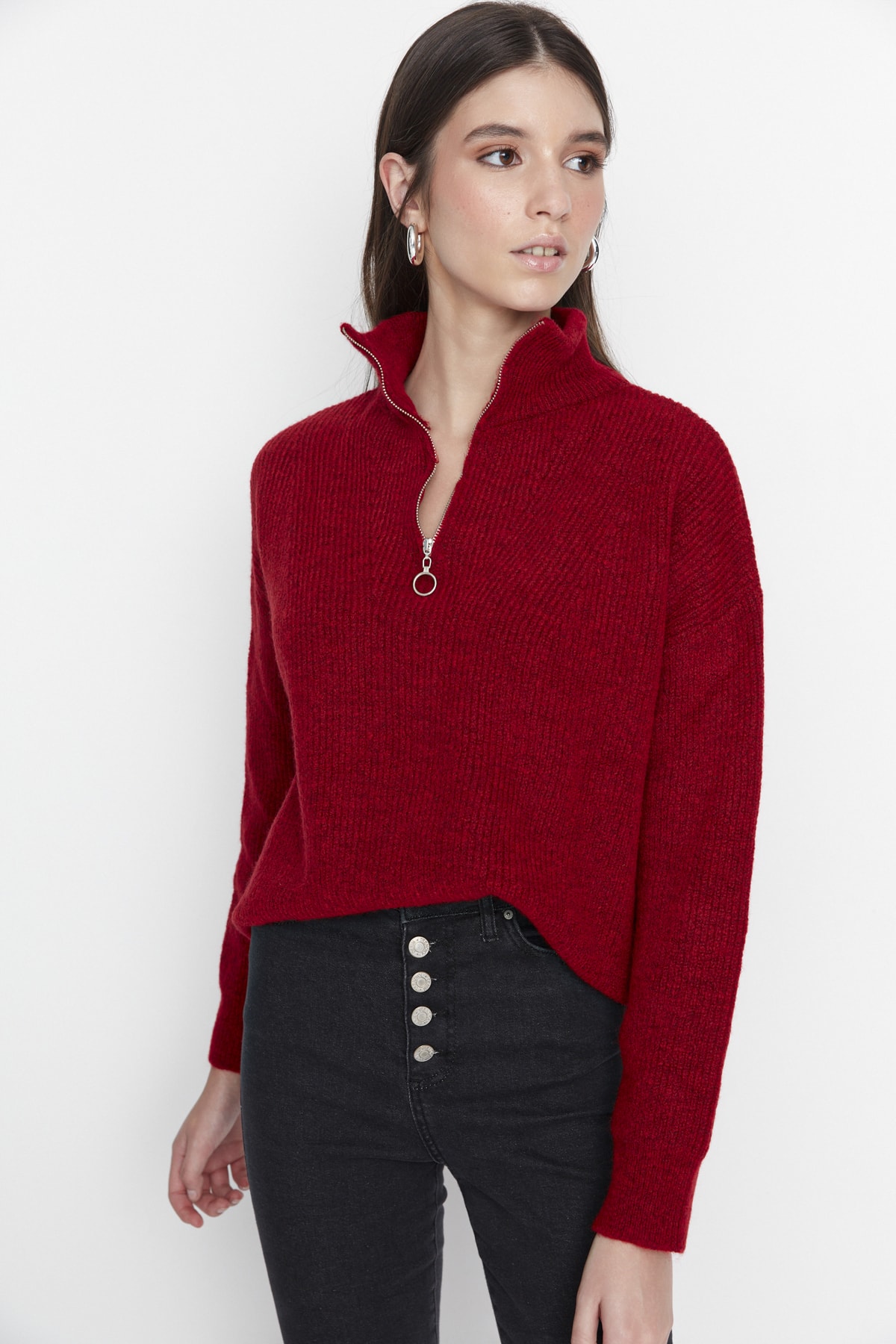 Trendyol Red Soft Textured Zipper Knitwear Sweater