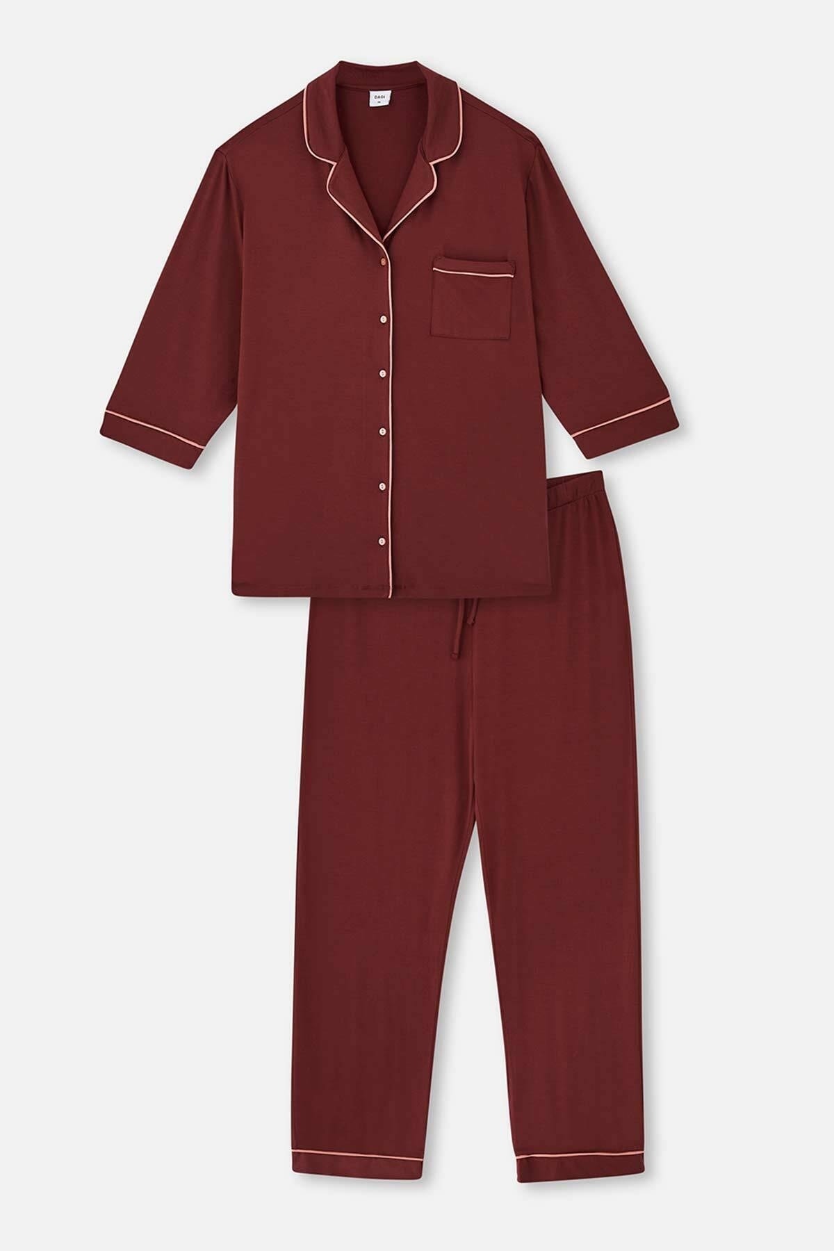 Dagi Brown Shirt Collar Plus Size Viscose Pajama Set