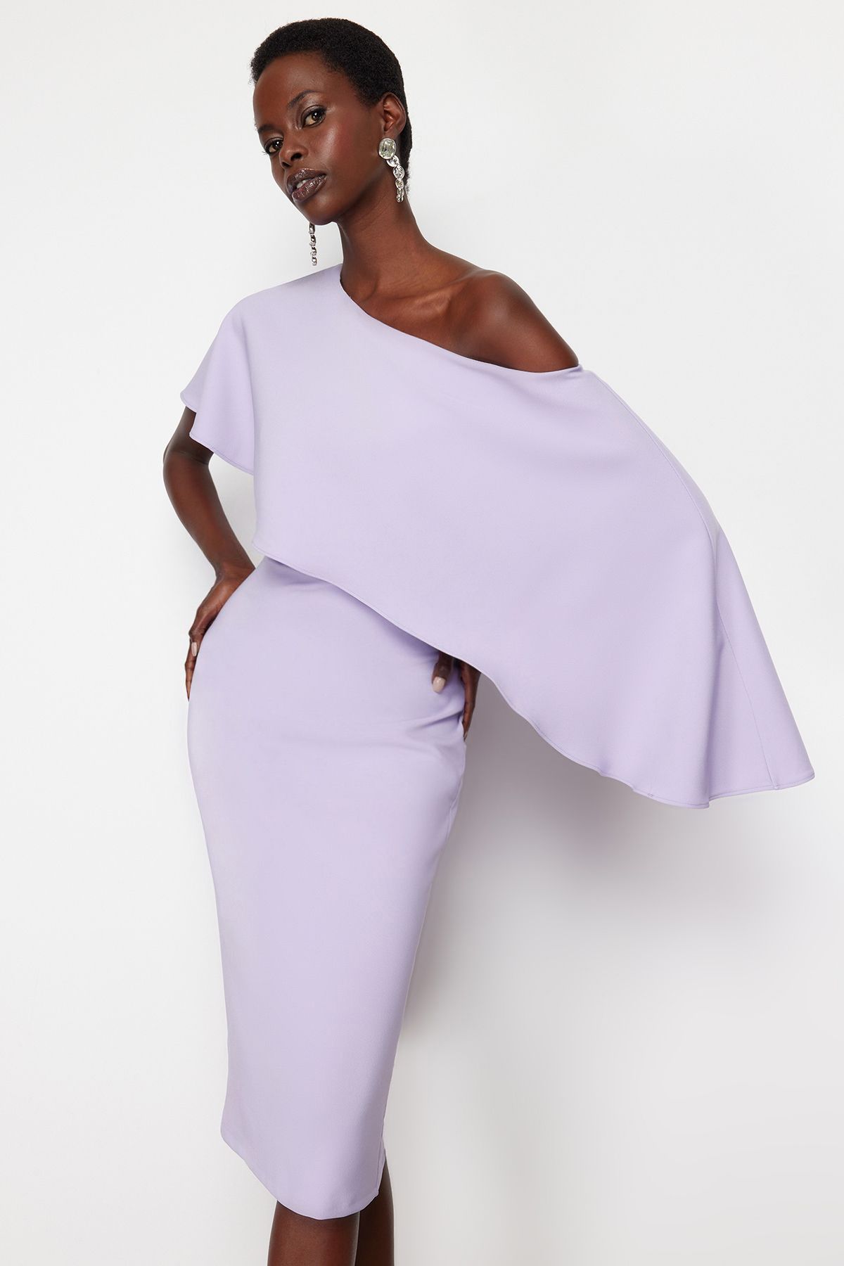 Trendyol Lilac Cape Detailed Woven Elegant Evening Dress