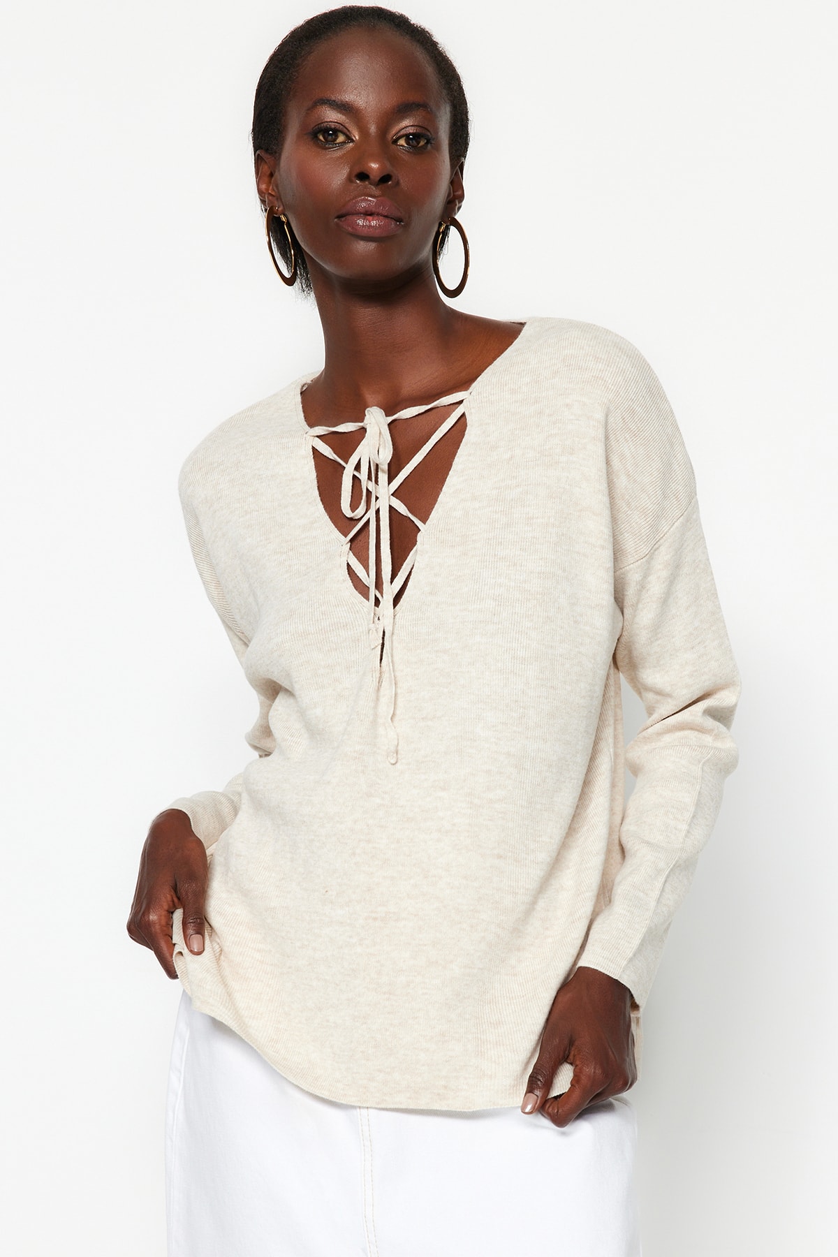 Trendyol Stone Lace Detail Pletený svetr