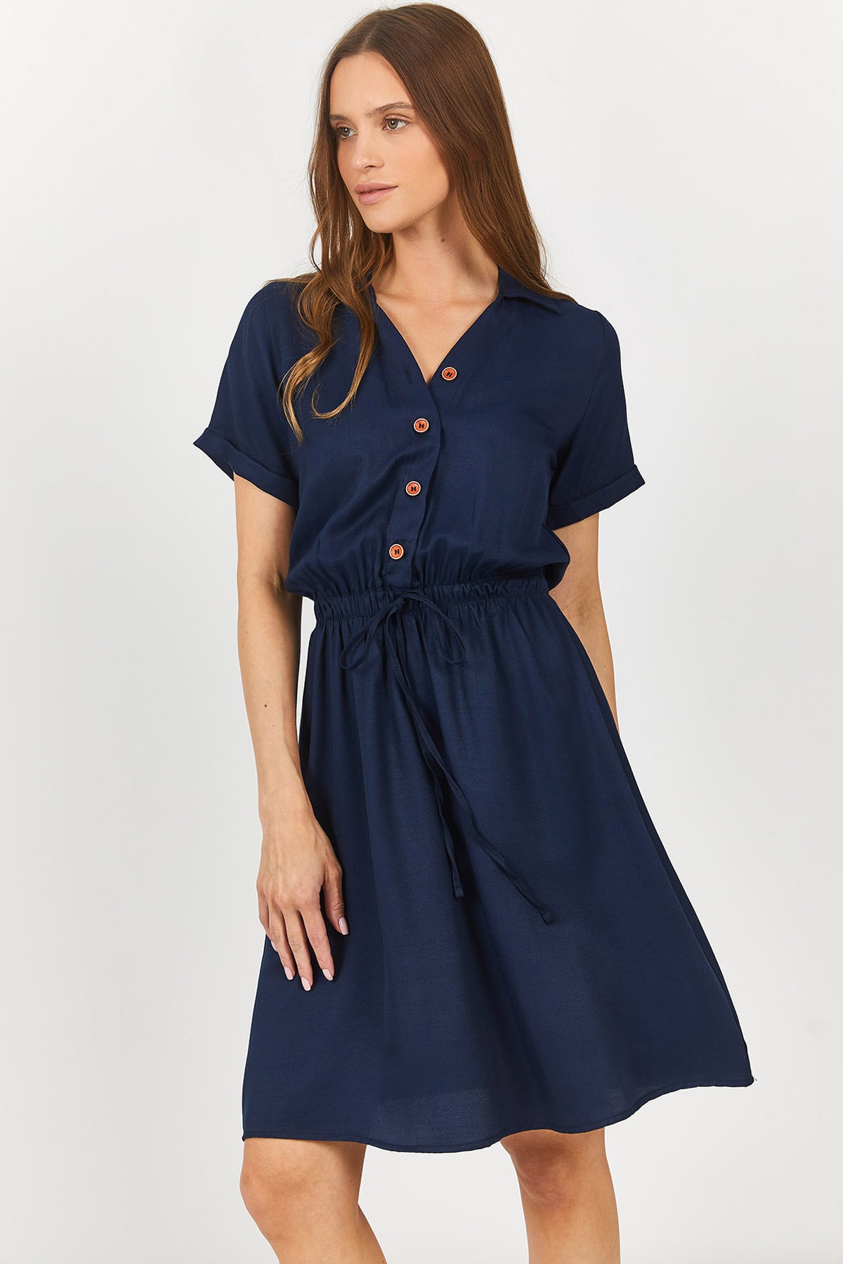 Levně armonika Women's Navy Blue Short Sleeve Shirt Dress with Elastic Waist