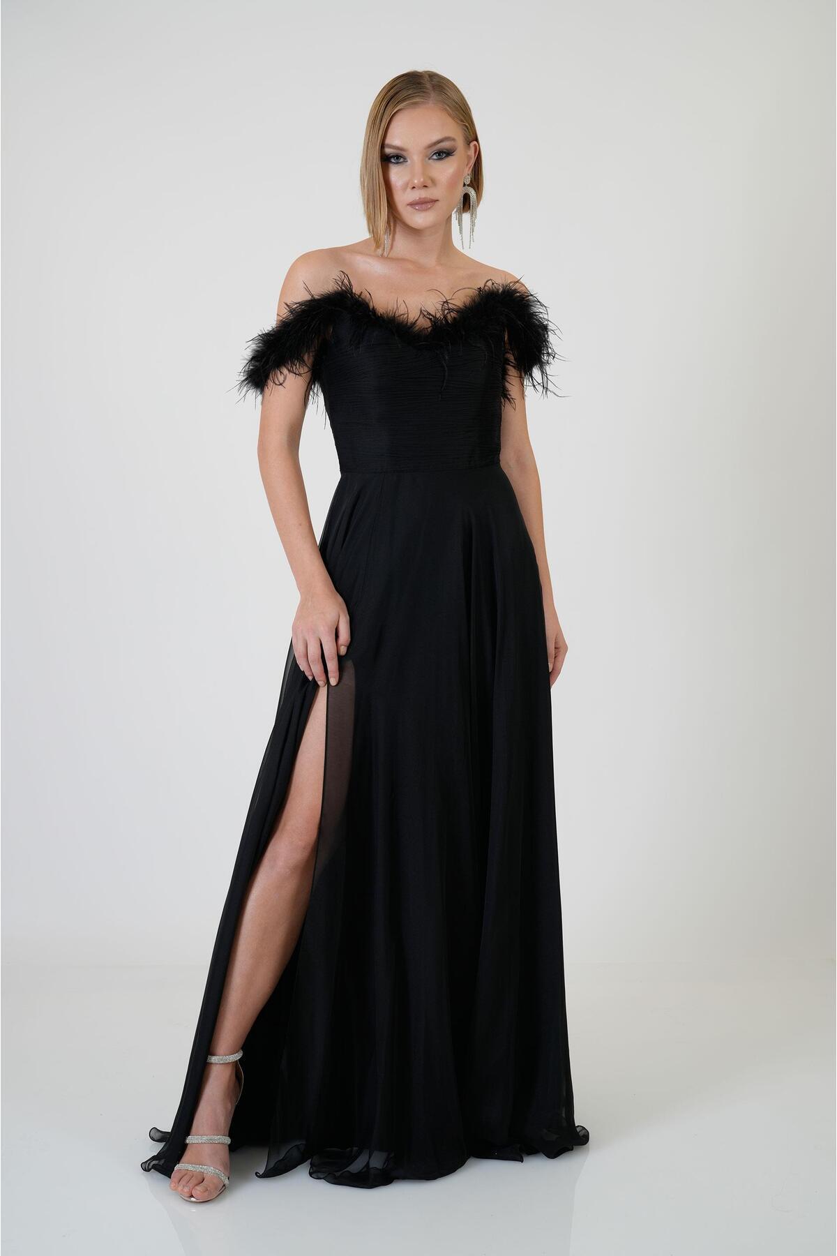 Levně Carmen Black Feathered Slit Chiffon Evening Dress