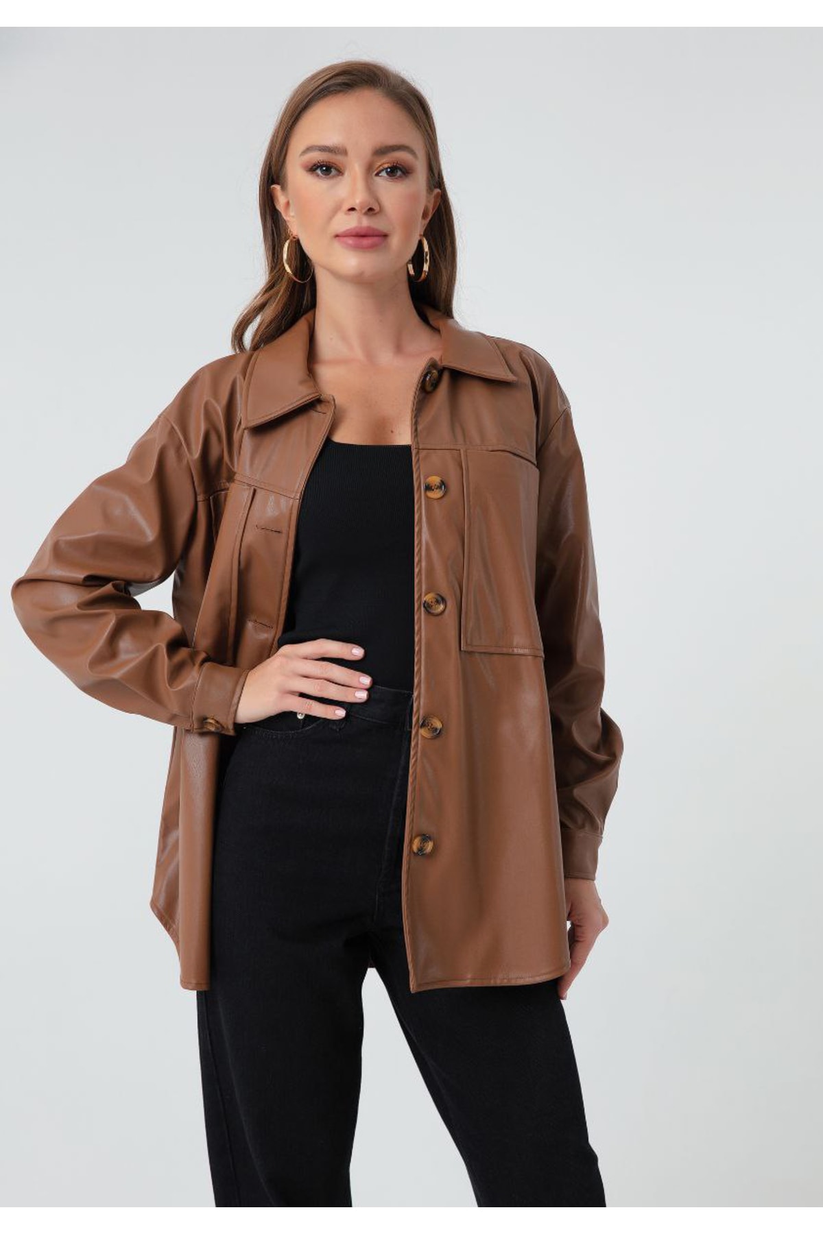 Levně Lafaba Women's Brown Faux Leather Shirt