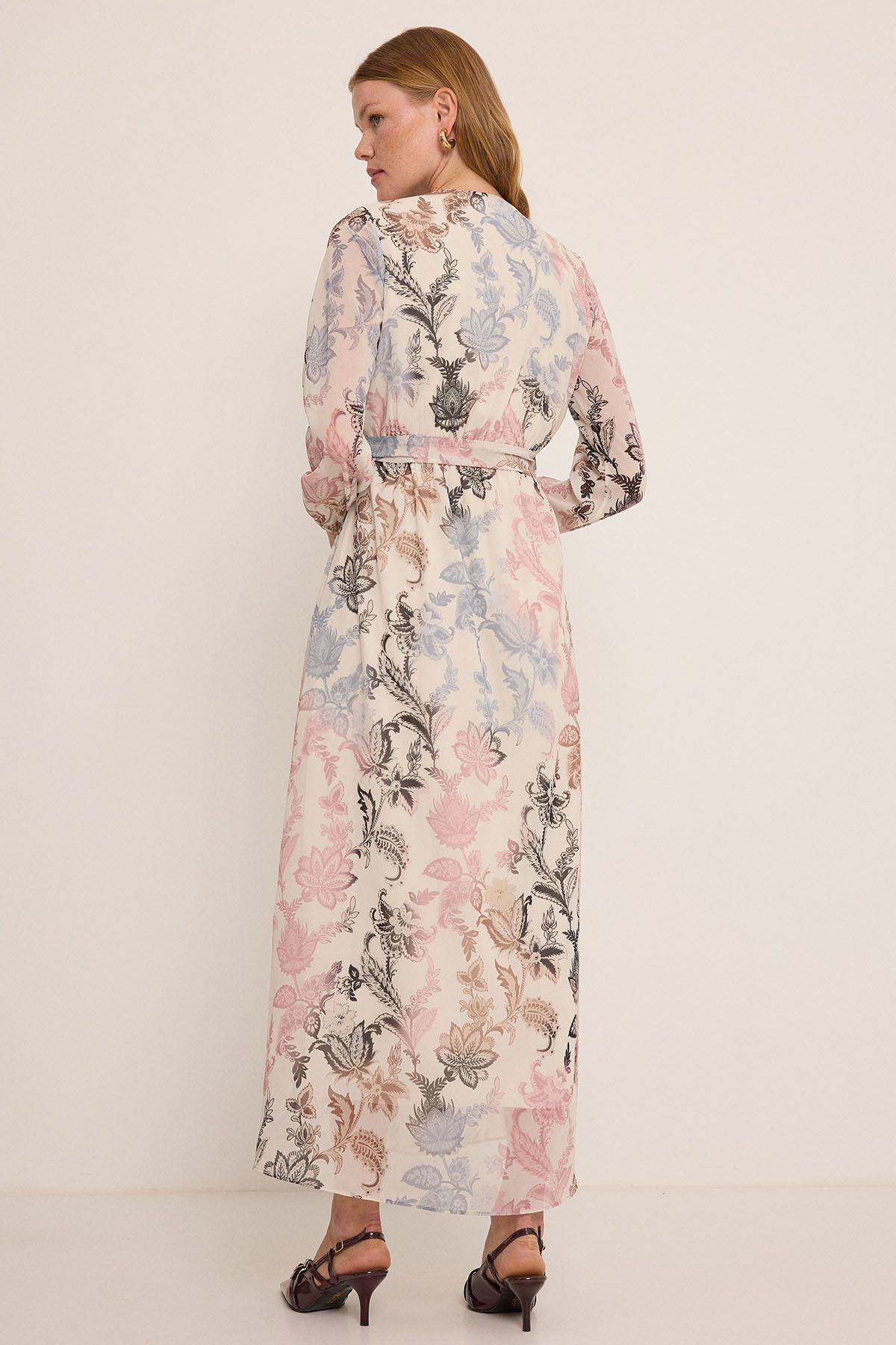 Bigdart Women's Dusty Rose Black Floral Patterned Chiffon Dress 2134