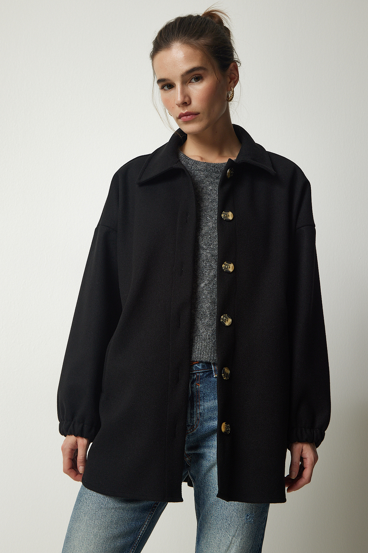 Fericire İstanbul femei negru nasturi buzunar oversize sacou cămașă
