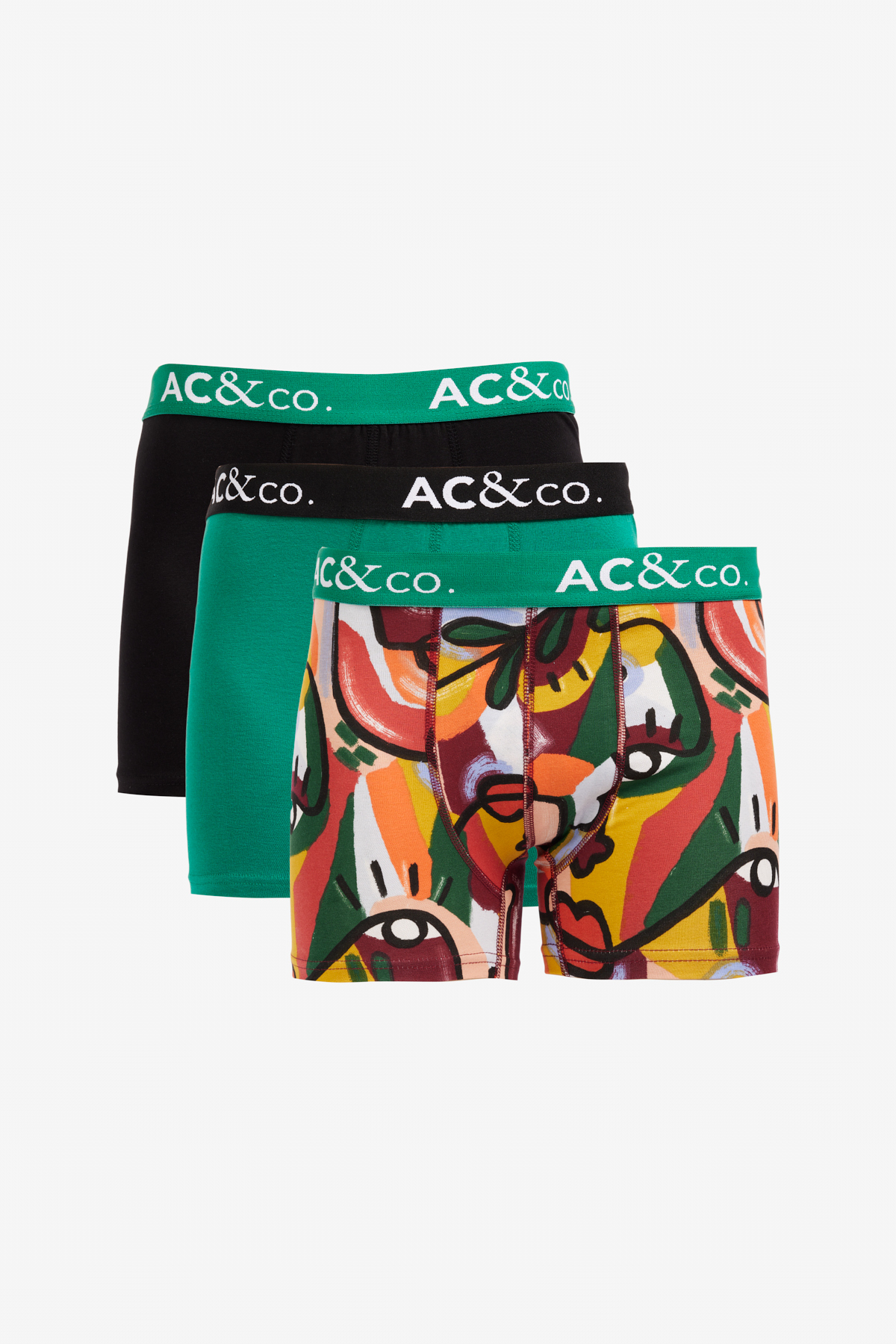AC&Co / Altınyıldız Classics Men's Black-Green Patterned Cotton Stretchy 3-Pack Boxer