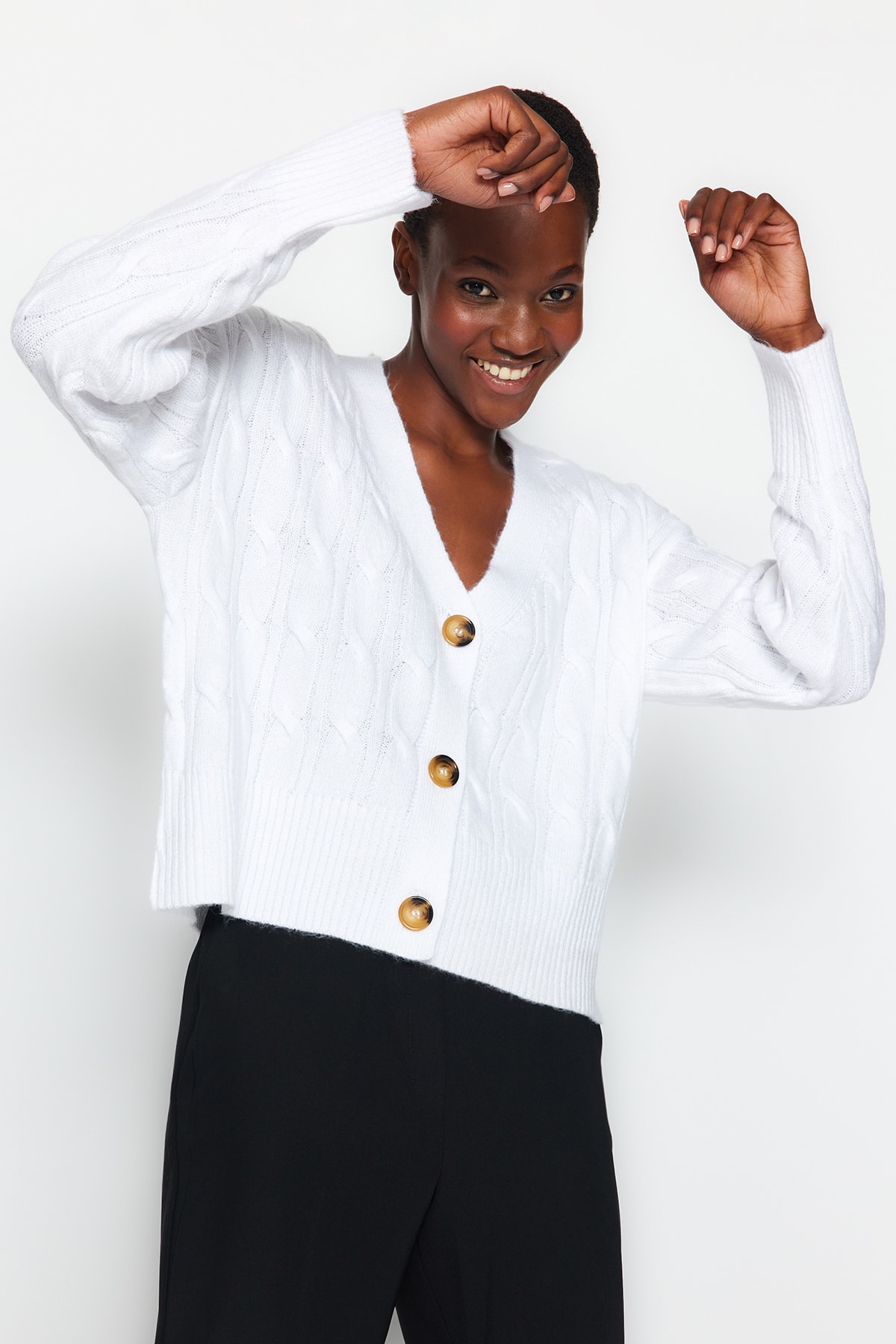 Trendyol Stone Soft Texture Braids Sweater Cardigan