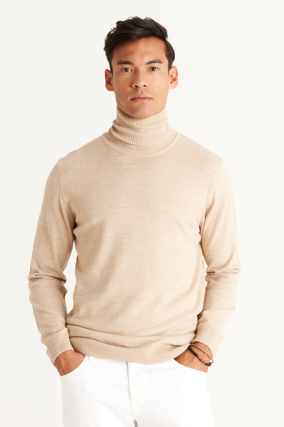 Levně ALTINYILDIZ CLASSICS Men's Beige Standard Fit Normal Cut Anti-Pilling Full Turtleneck Knitwear Sweater.