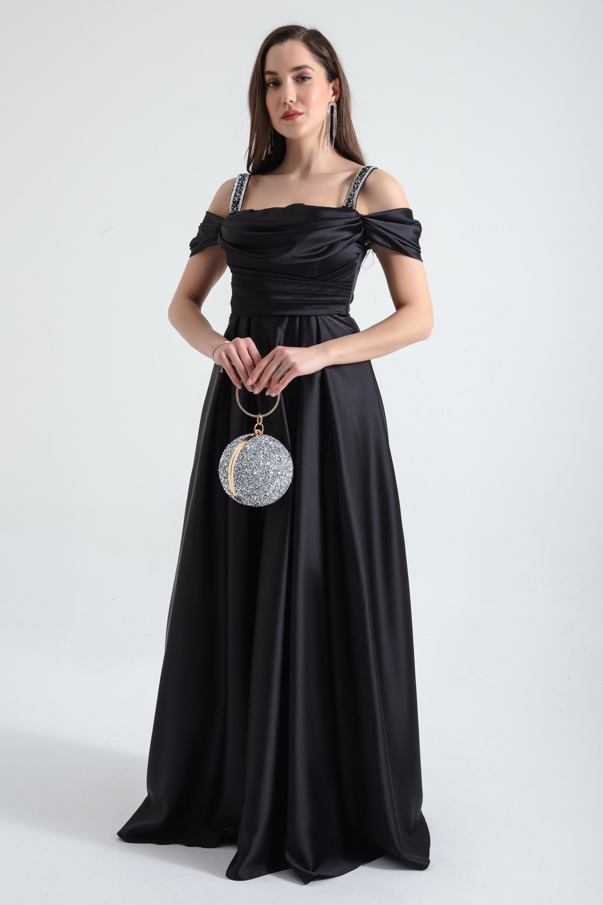 Levně Lafaba Women's Black Stone Strap Draped Long Satin Evening Dress