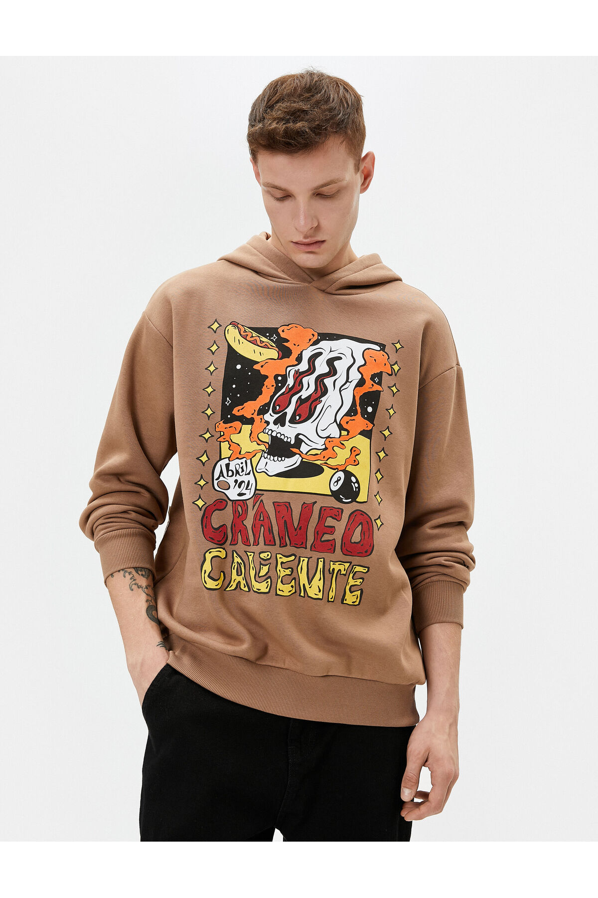 Koton Oversize Hoodie with Skull Printed Tag Detail