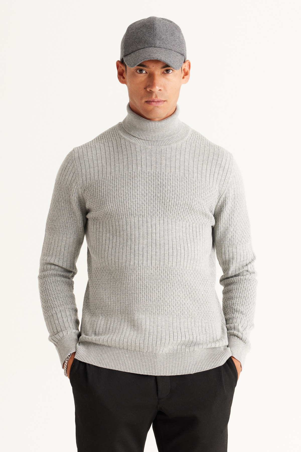 AC&Co / Altınyıldız Classics Men's Gray Melange Standard Fit Regular Fit Full Turtleneck Cotton Jacquard Knitwear Sweater