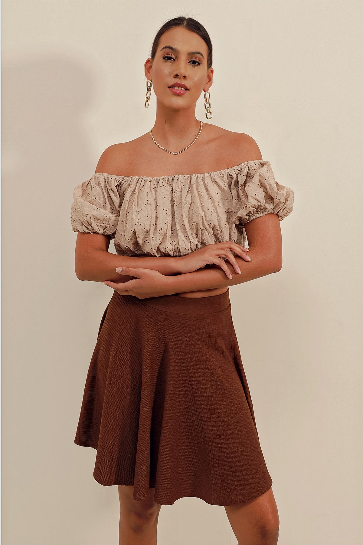Levně Bigdart 1885 Flare Mini Skirt - Brown