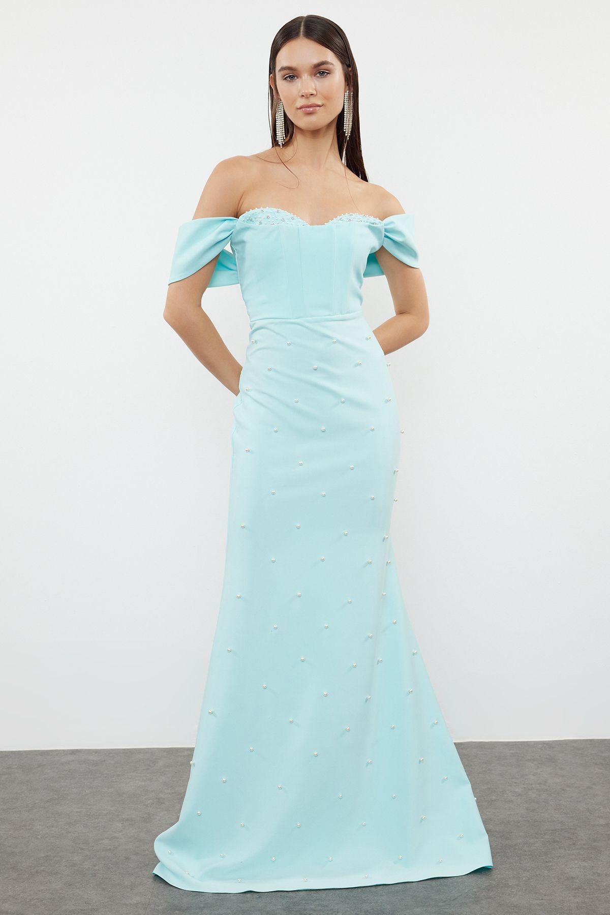 Trendyol Light Blue Pearl Embroidered Shiny Stone Woven Long Evening Dress