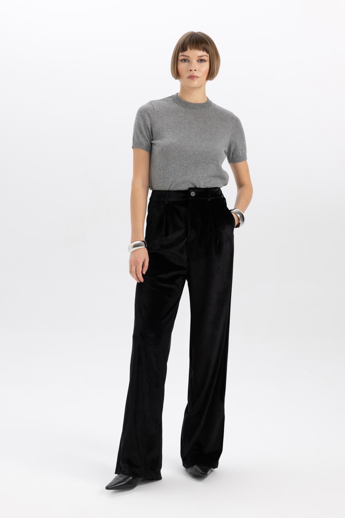 DEFACTO Wide Leg High Waist Wide Leg Long Length Velvet Trousers